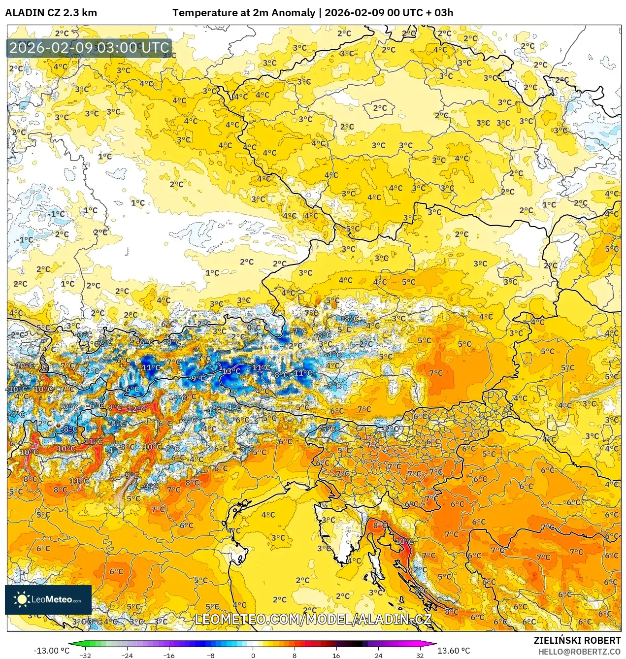 ALADIN CZ 2.3 km model - Austria, Anomali Suhu 2 m