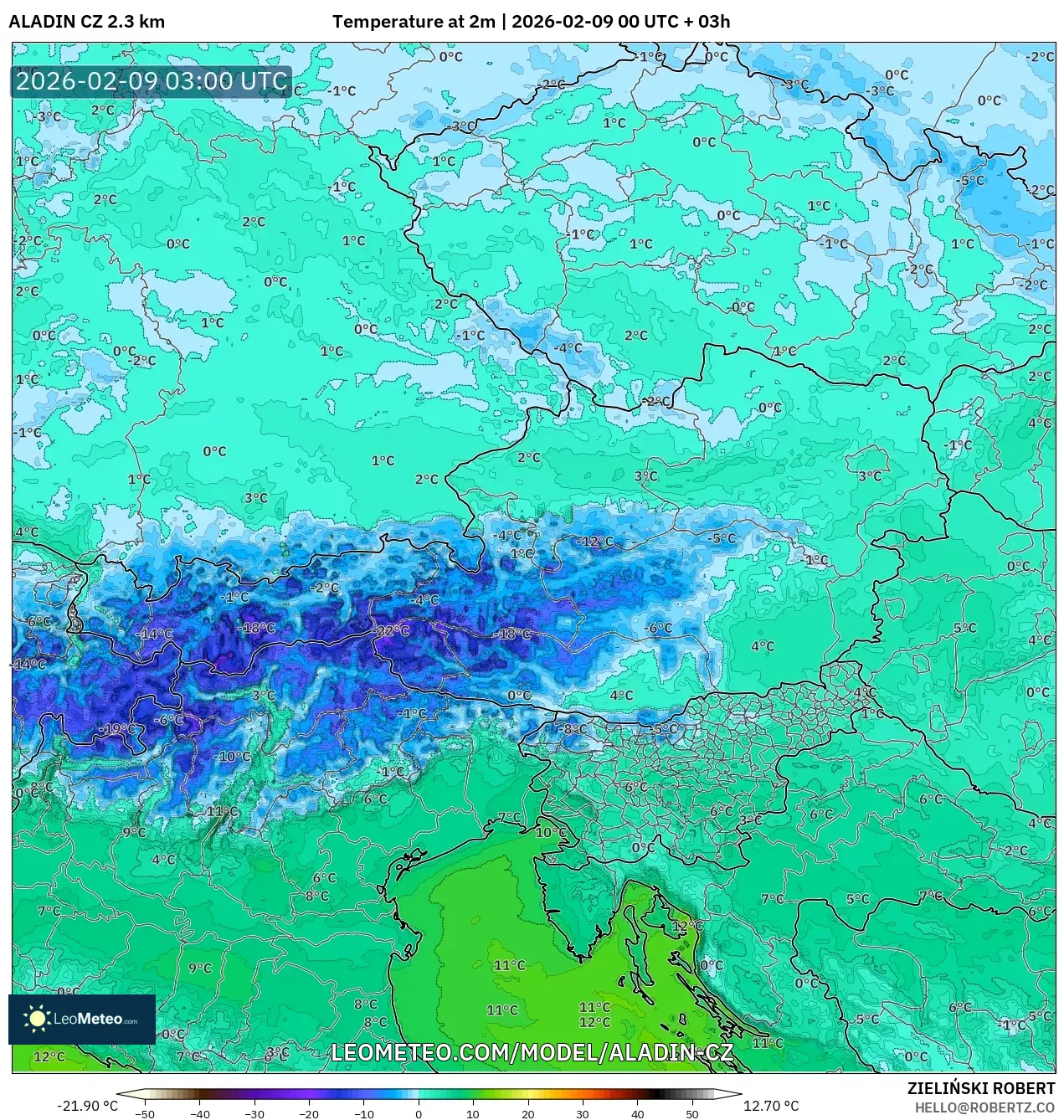 ALADIN CZ 2.3 km model - Austria, Suhu pada 2 m