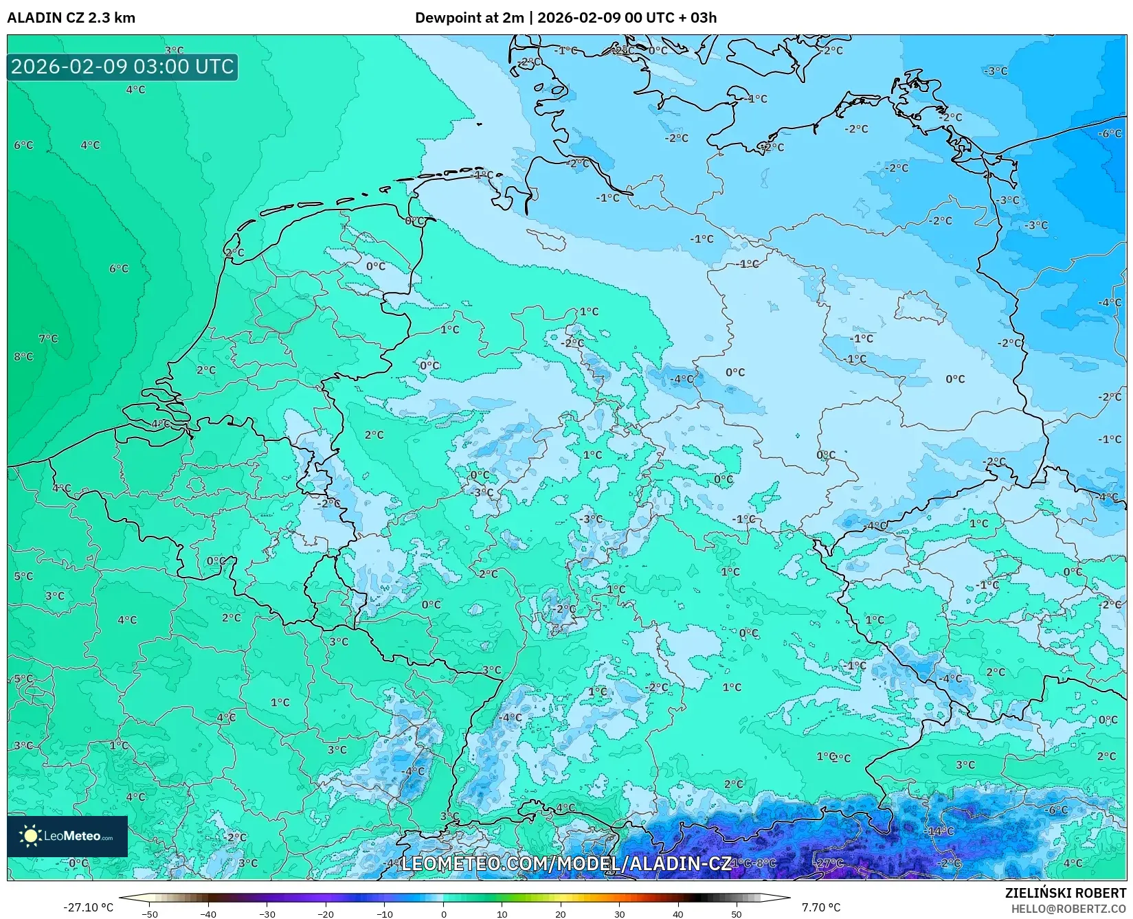 ALADIN CZ 2.3 km model - Jerman, Takat Embun 2 m