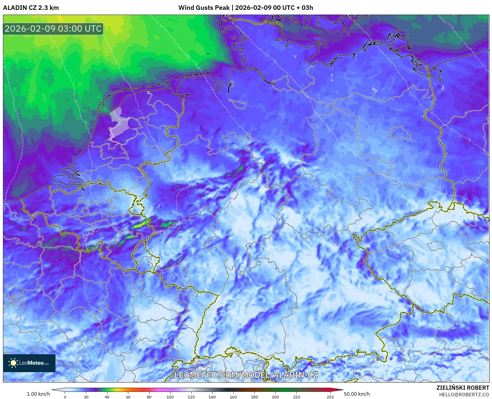 ALADIN CZ 2.3 km model - Jerman, Hembusan Tertinggi