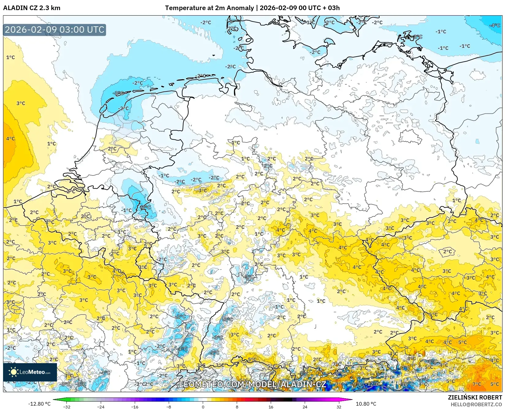 ALADIN CZ 2.3 km model - Jerman, Anomali Suhu 2 m
