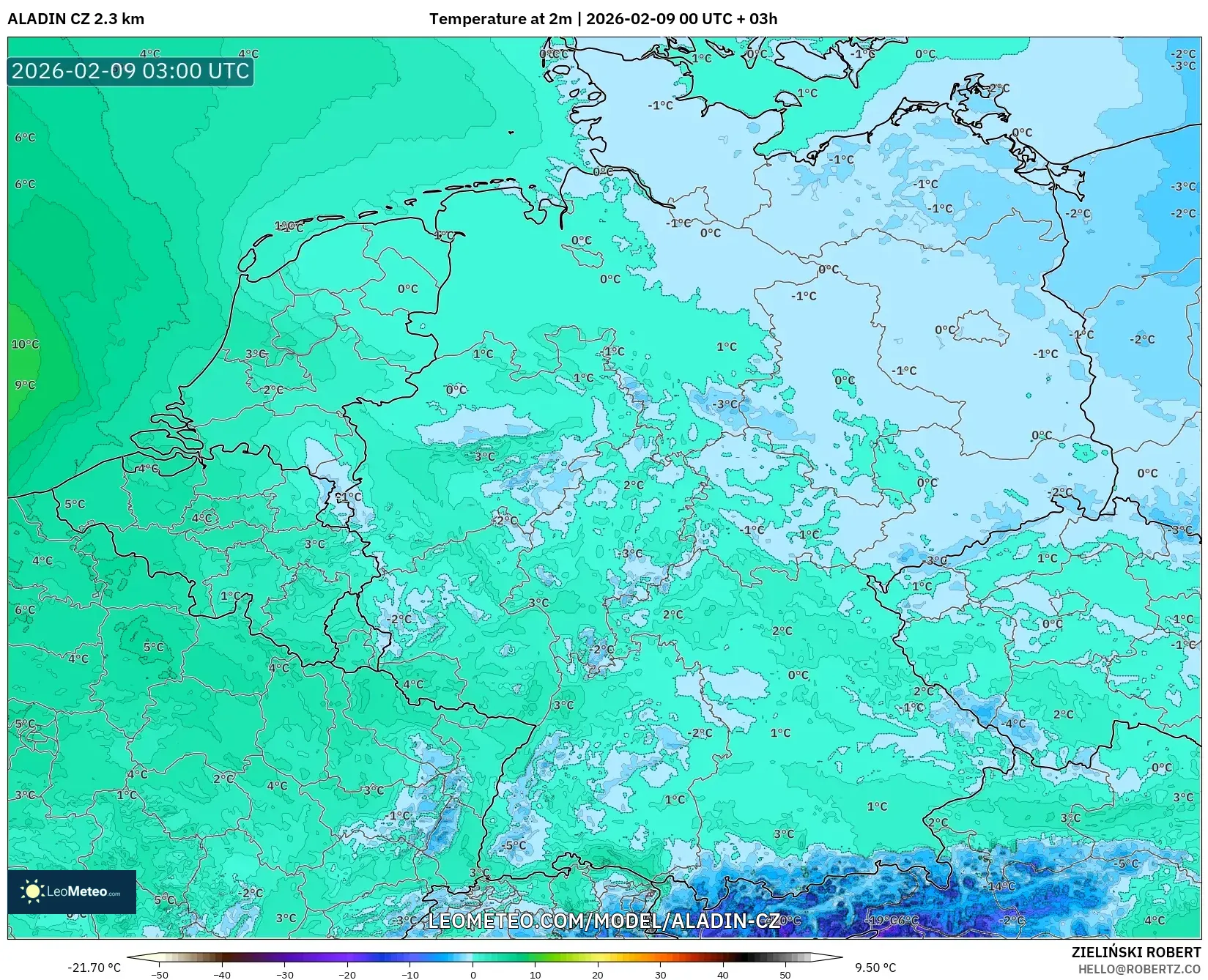 ALADIN CZ 2.3 km model - Jerman, Suhu pada 2 m