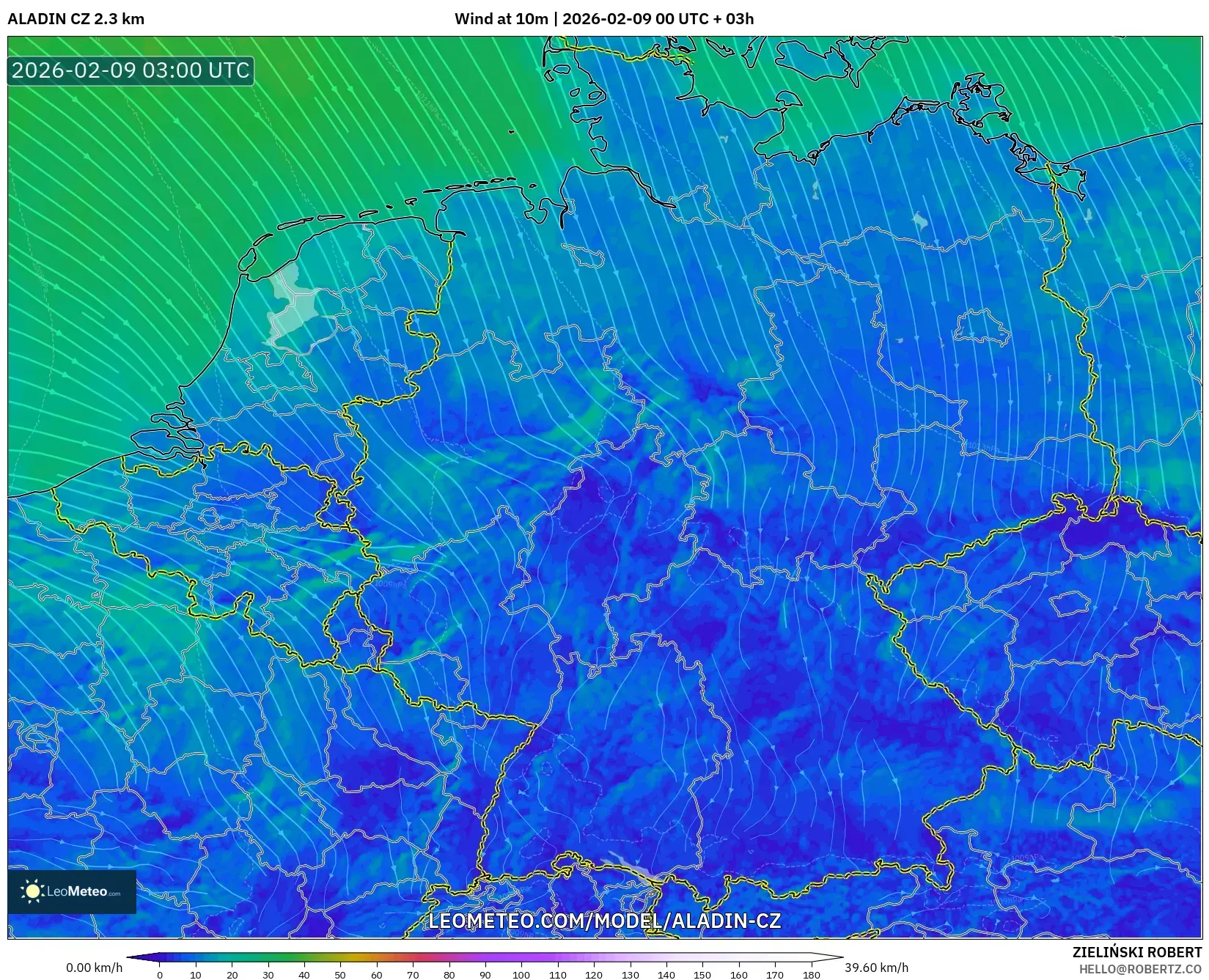 ALADIN CZ 2.3 km model - Jerman, Angin 10 m