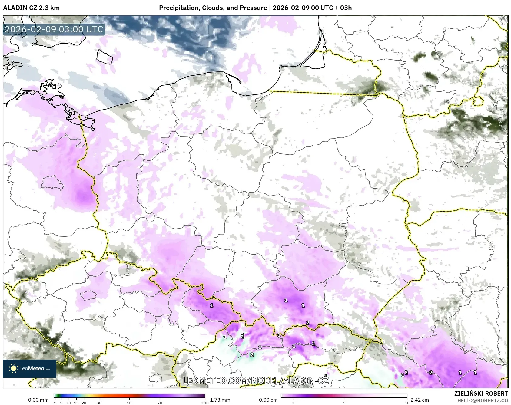 ALADIN CZ 2.3 km model - Poland, Hujan, Awan dan Tekanan
