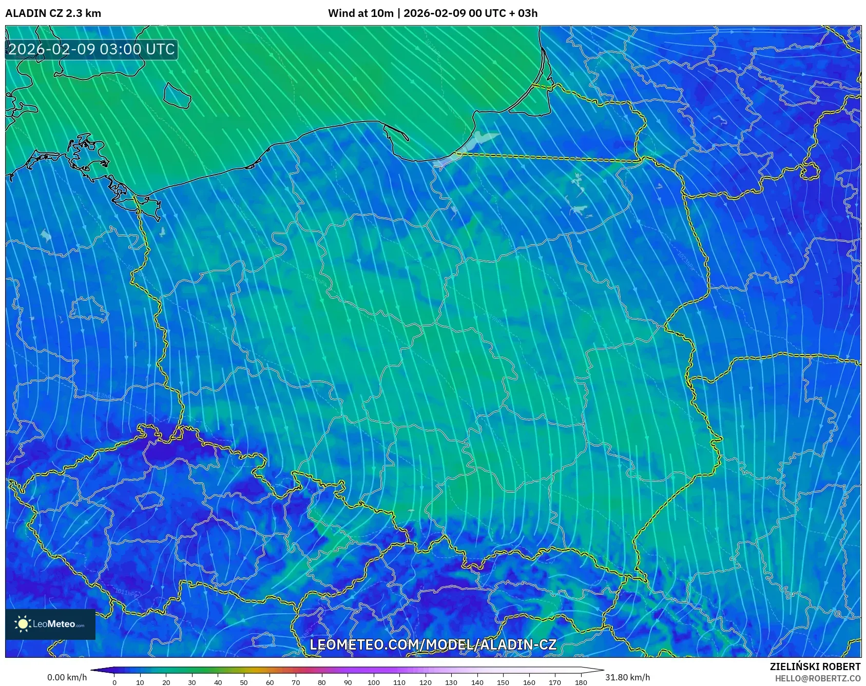 ALADIN CZ 2.3 km model - Poland, Angin 10 m