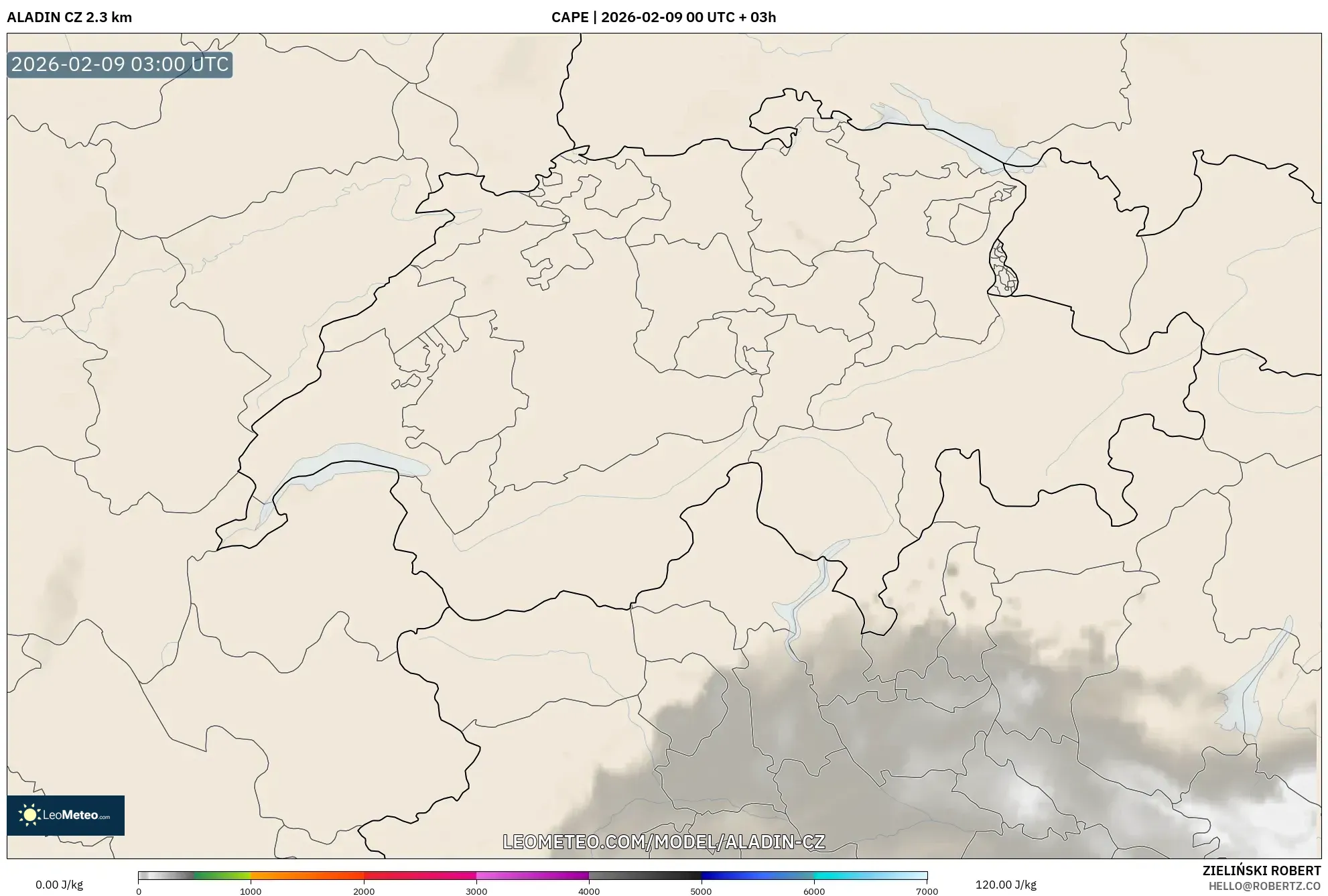 ALADIN CZ 2.3 km model - Switzerland, CAPE