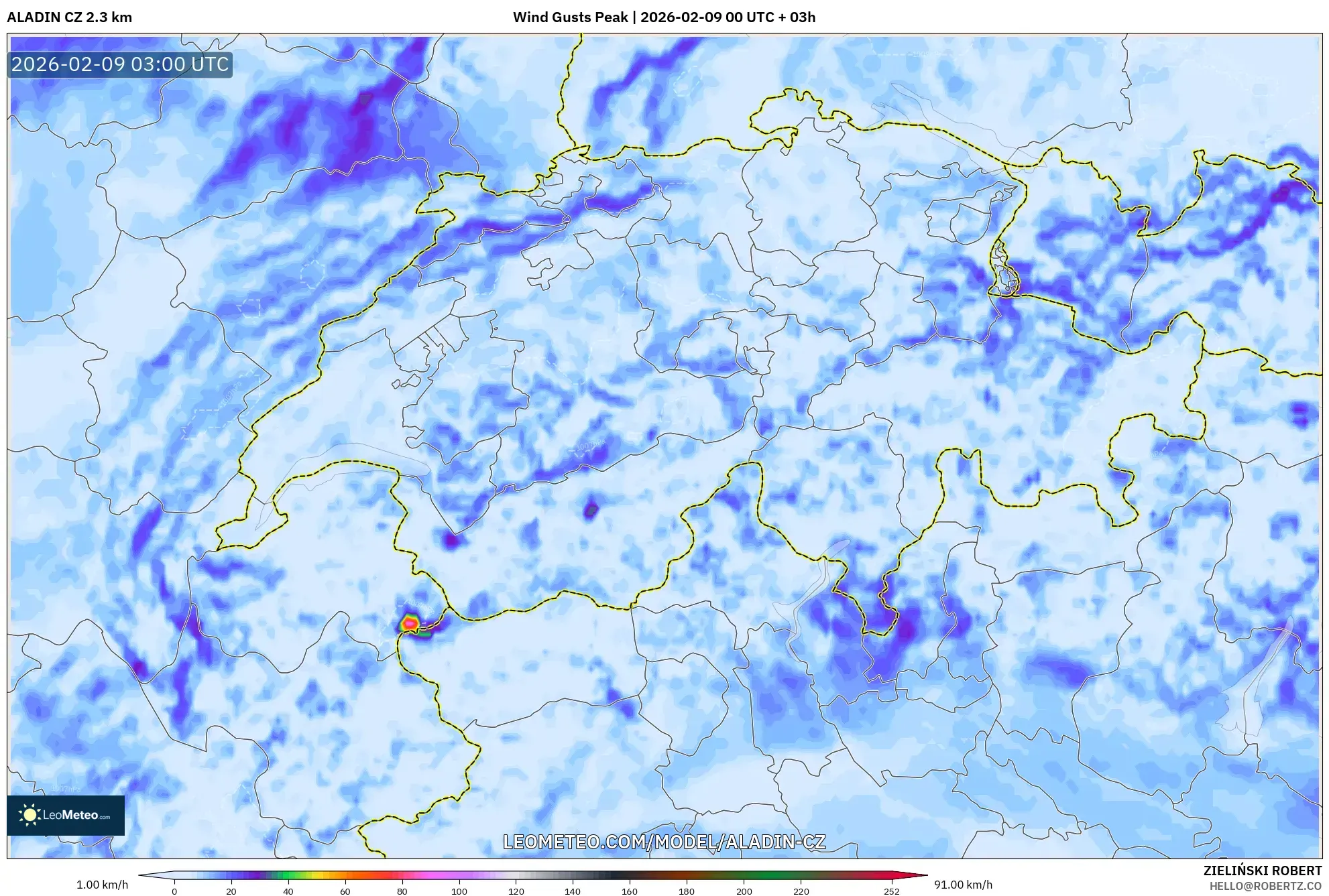 ALADIN CZ 2.3 km model - Switzerland, Hembusan Tertinggi