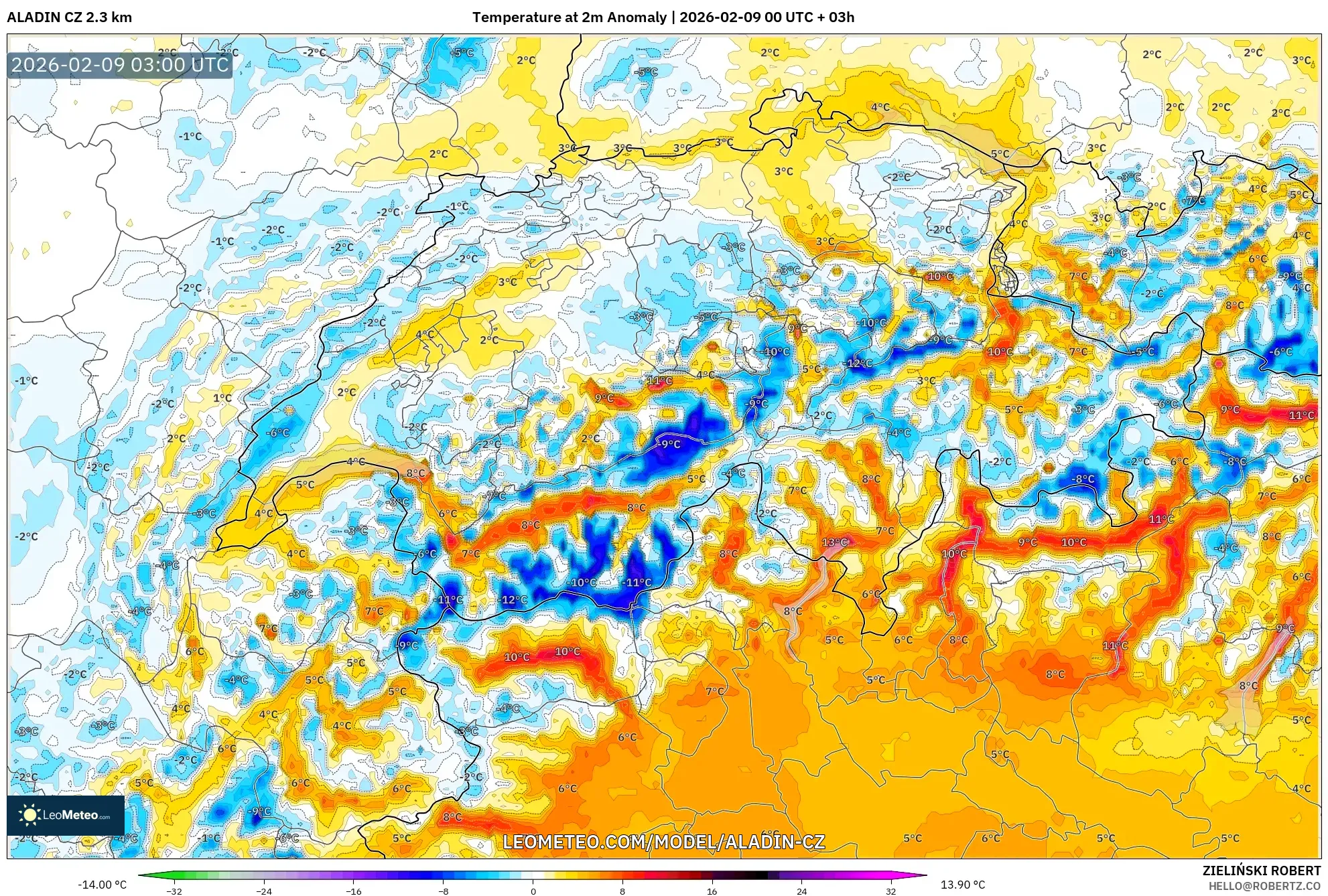 ALADIN CZ 2.3 km model - Switzerland, Anomali Suhu 2 m