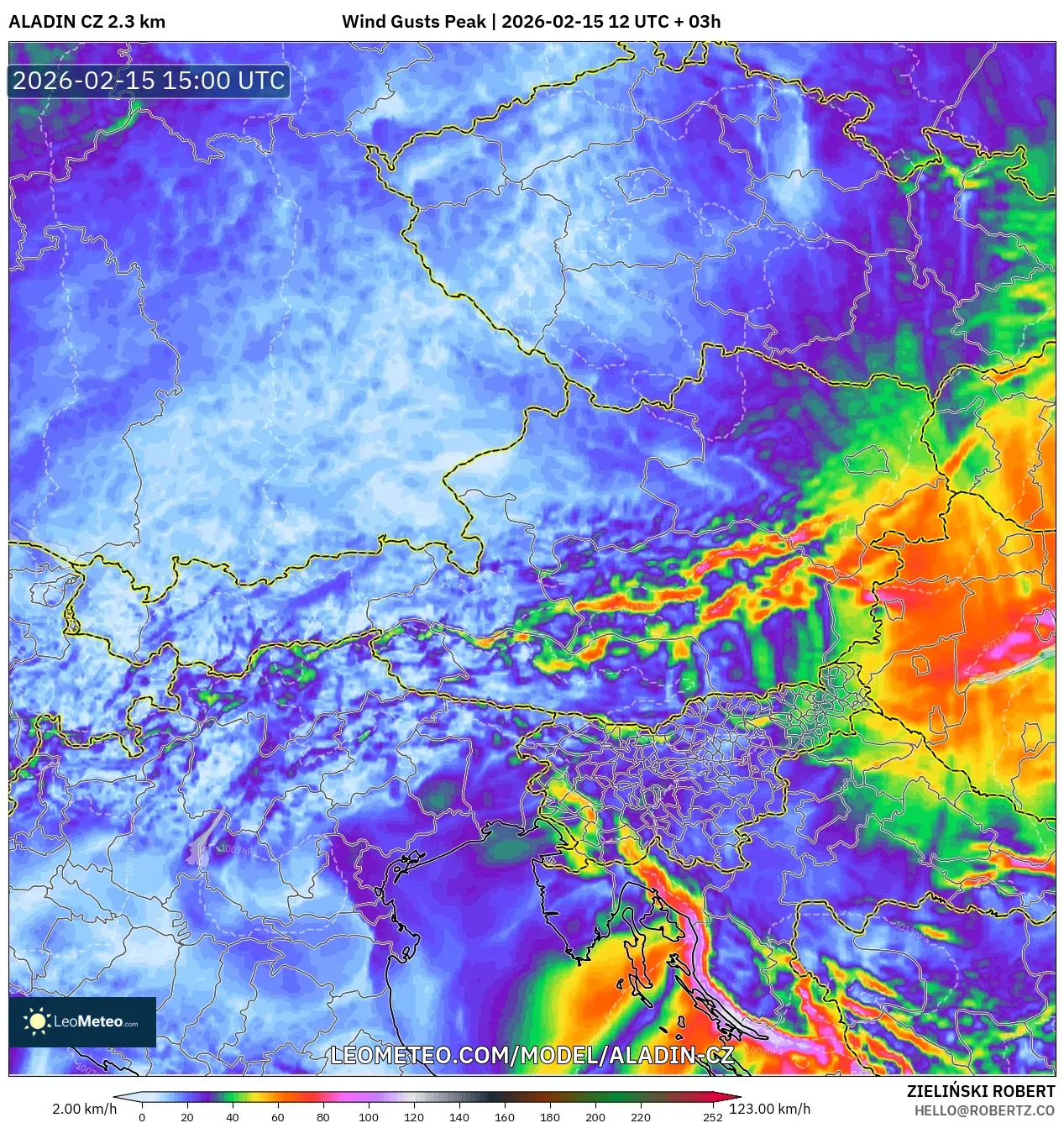 ALADIN CZ 2.3 km model - Austria, Wind Gusts Peak