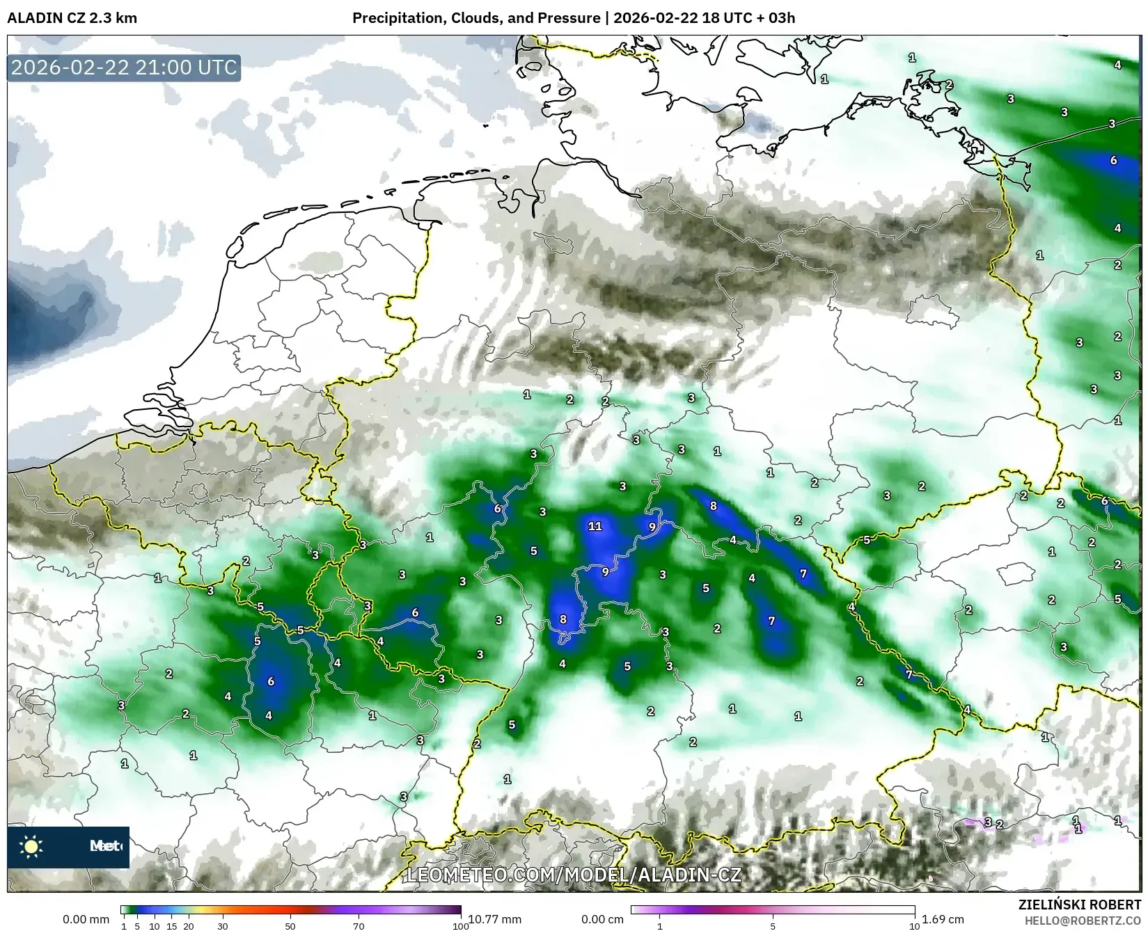 ALADIN CZ 2.3 كم model - ألمانيا, الهطول والغيوم والضغط