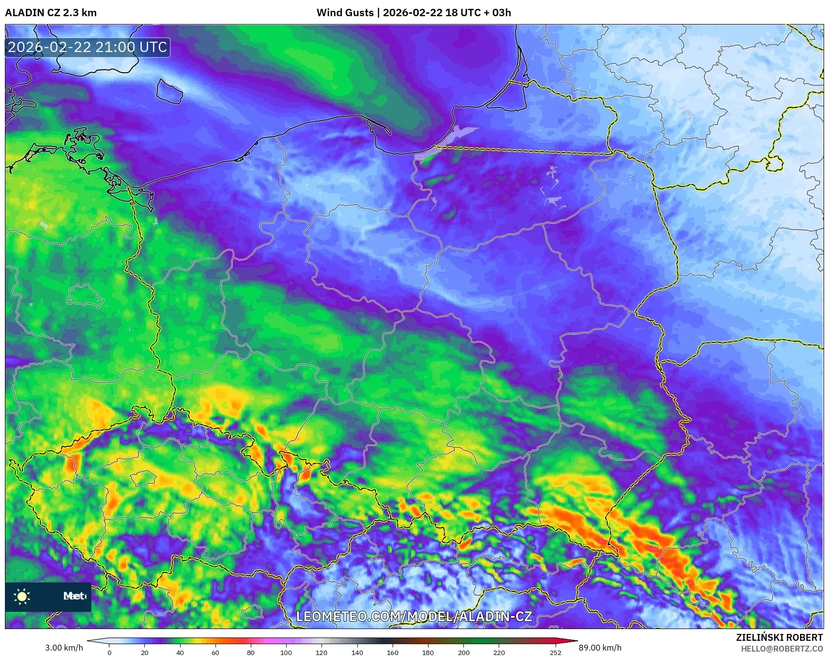 ALADIN CZ 2.3 كم model - بولندا, هبات الرياح