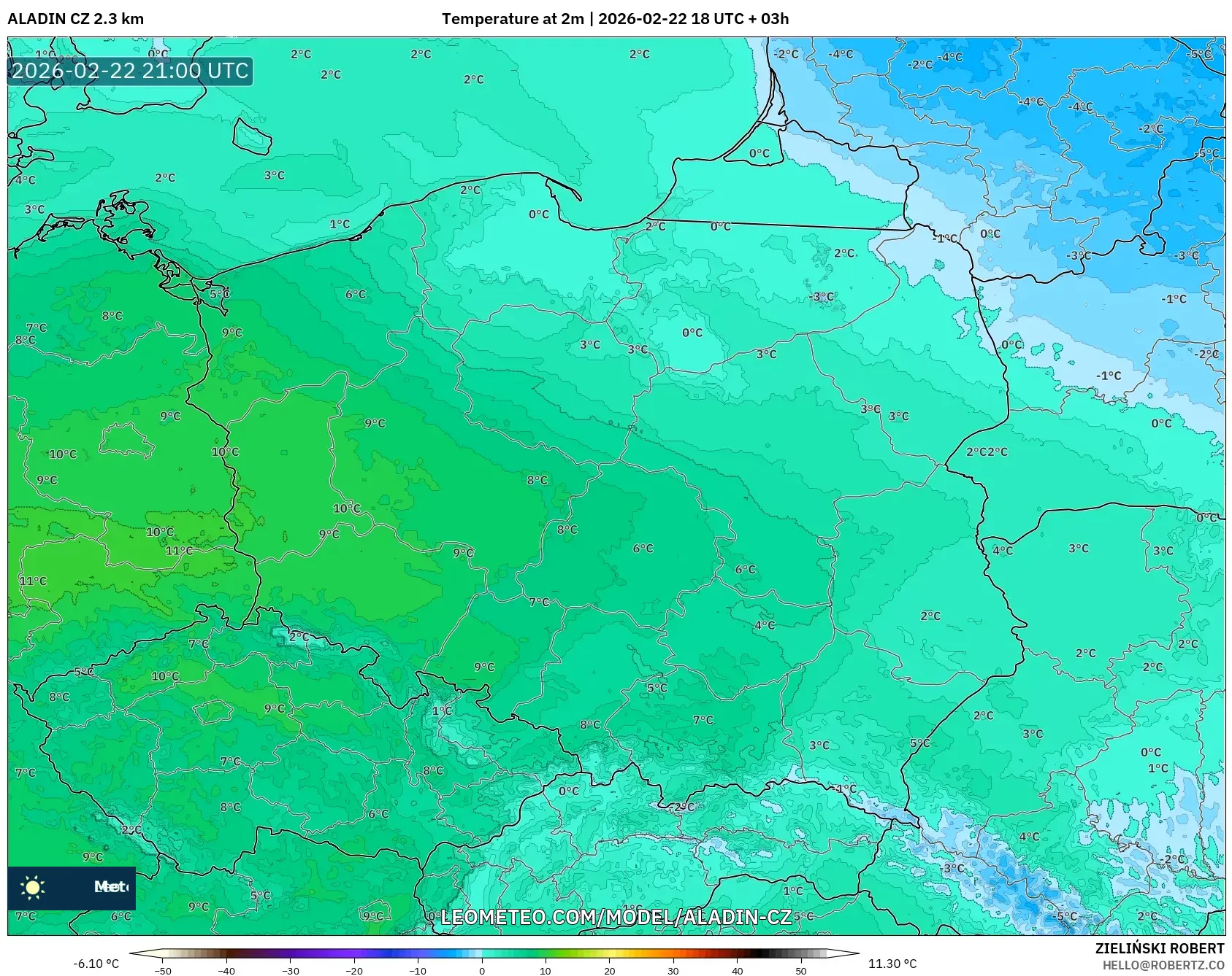 ALADIN CZ 2.3 كم model - بولندا, درجة الحرارة على ارتفاع 2 م