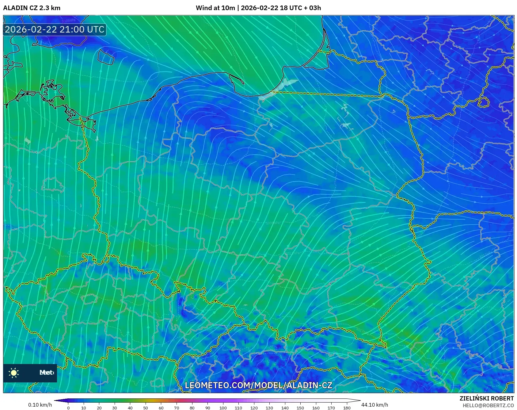 ALADIN CZ 2.3 كم model - بولندا, رياح 10 م