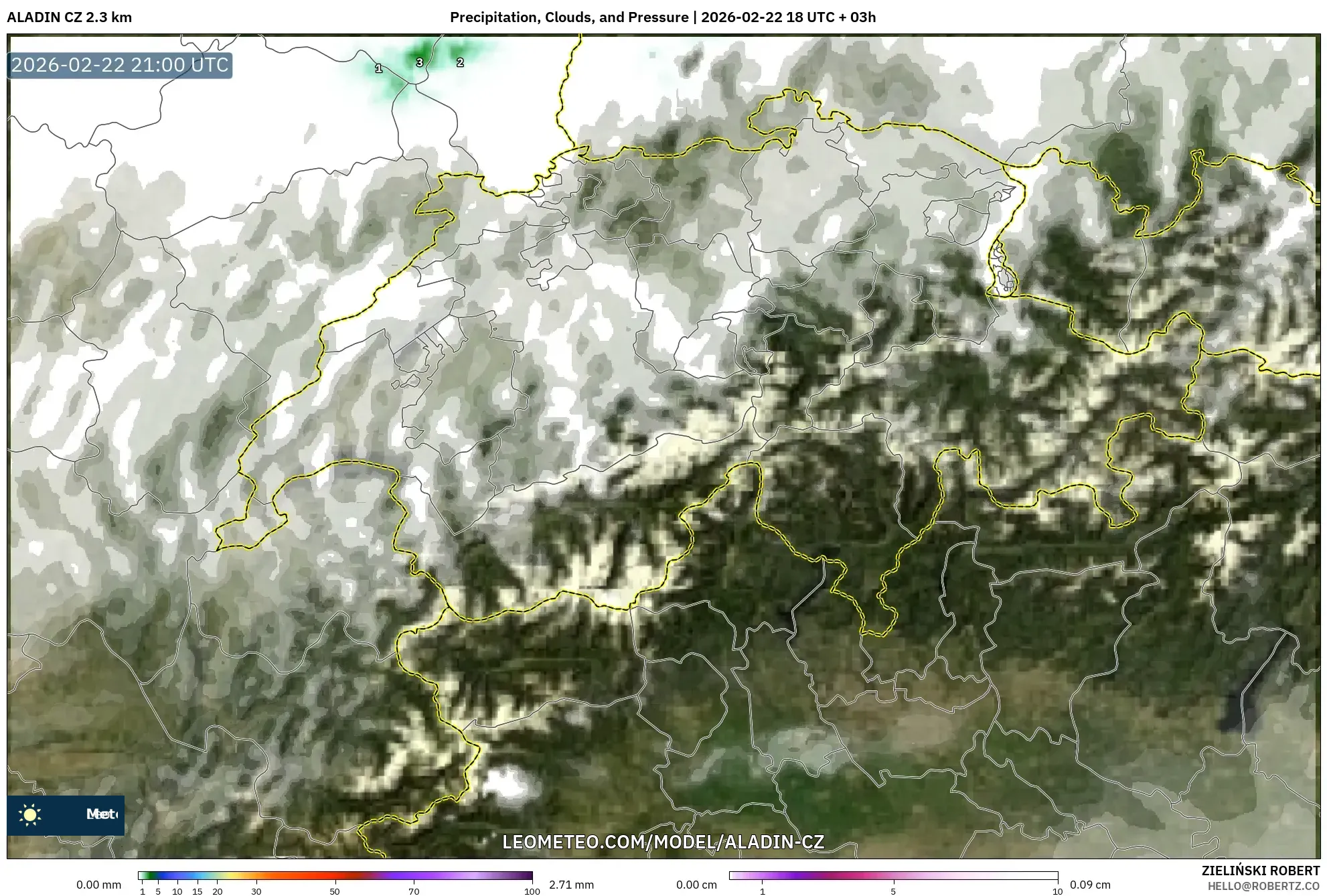 ALADIN CZ 2.3 كم model - سويسرا, الهطول والغيوم والضغط