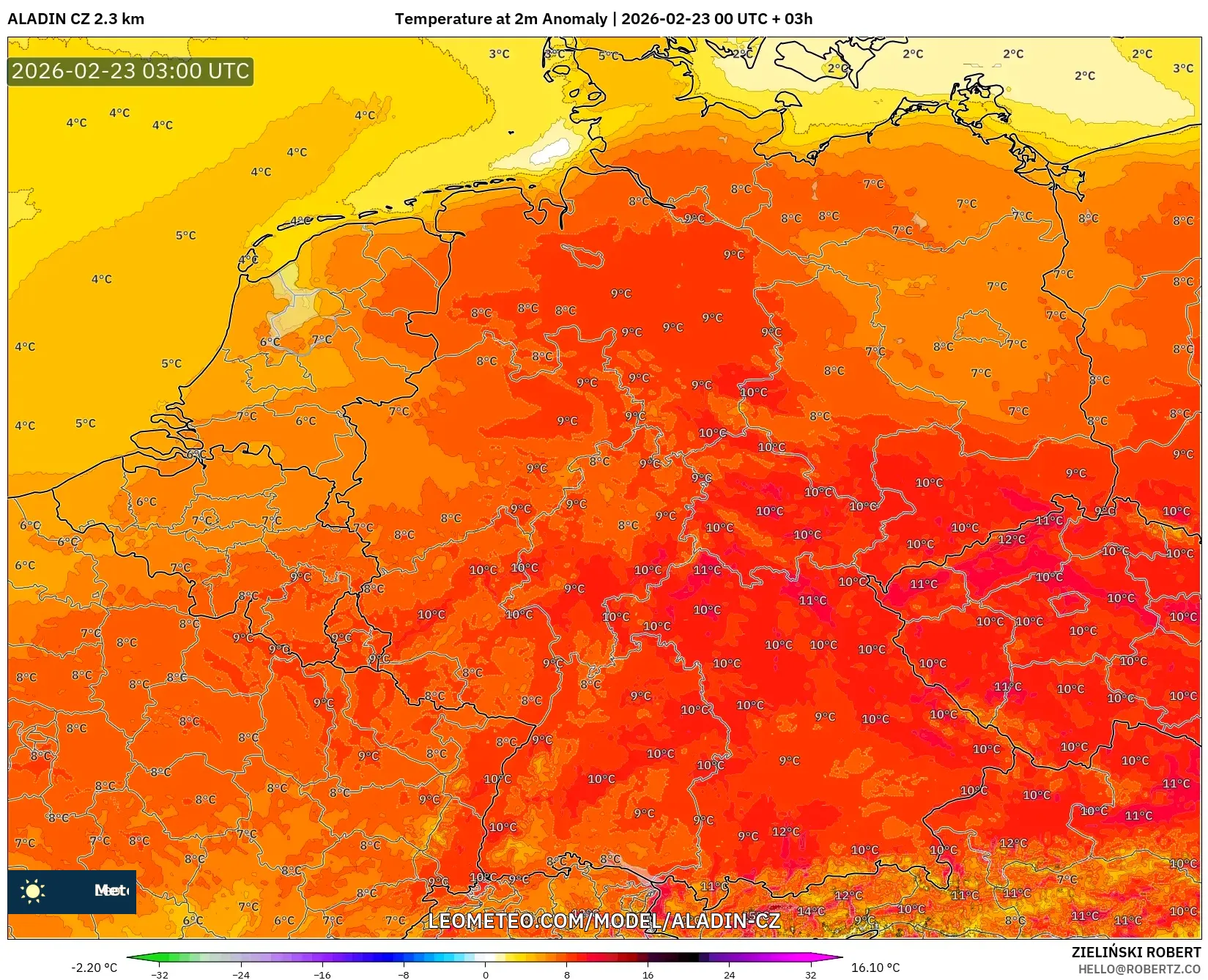 ALADIN CZ 2.3 كم model - ألمانيا, انحراف درجة الحرارة 2 م