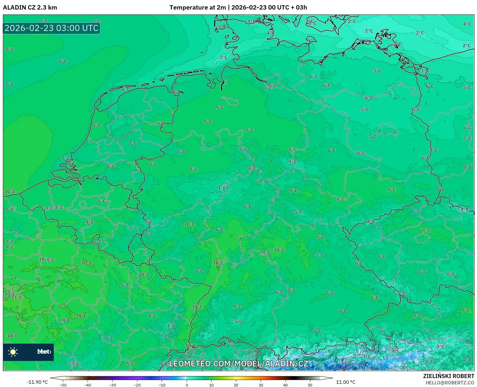 ALADIN CZ 2.3 كم model - ألمانيا, درجة الحرارة على ارتفاع 2 م