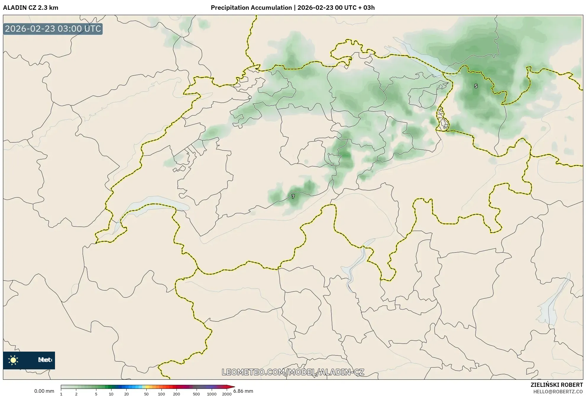 ALADIN CZ 2.3 كم model - سويسرا, تراكم الهطول