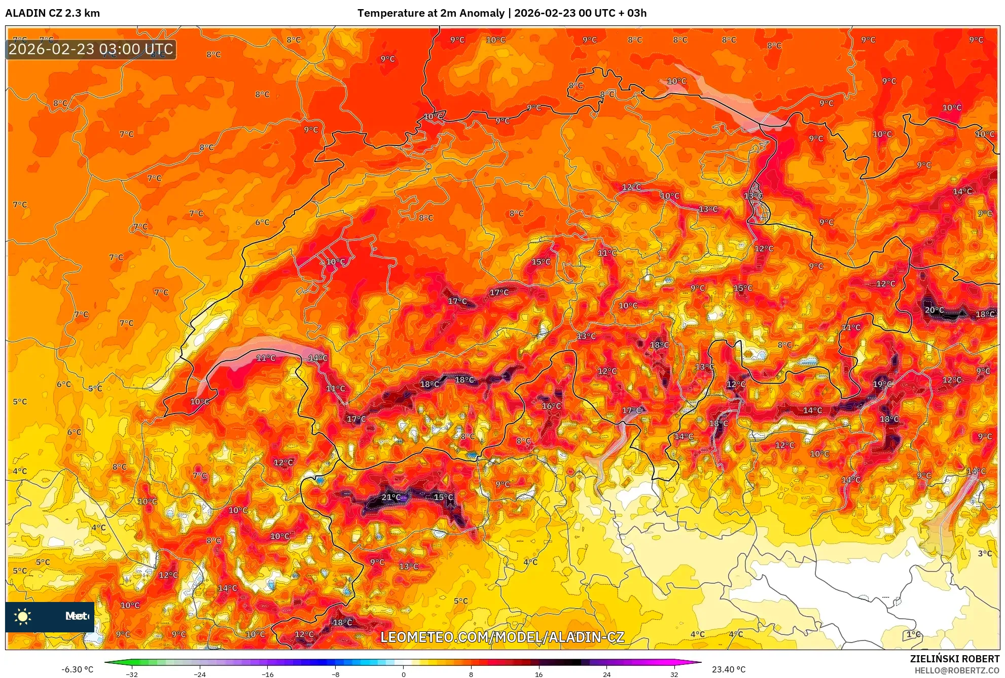 ALADIN CZ 2.3 كم model - سويسرا, انحراف درجة الحرارة 2 م
