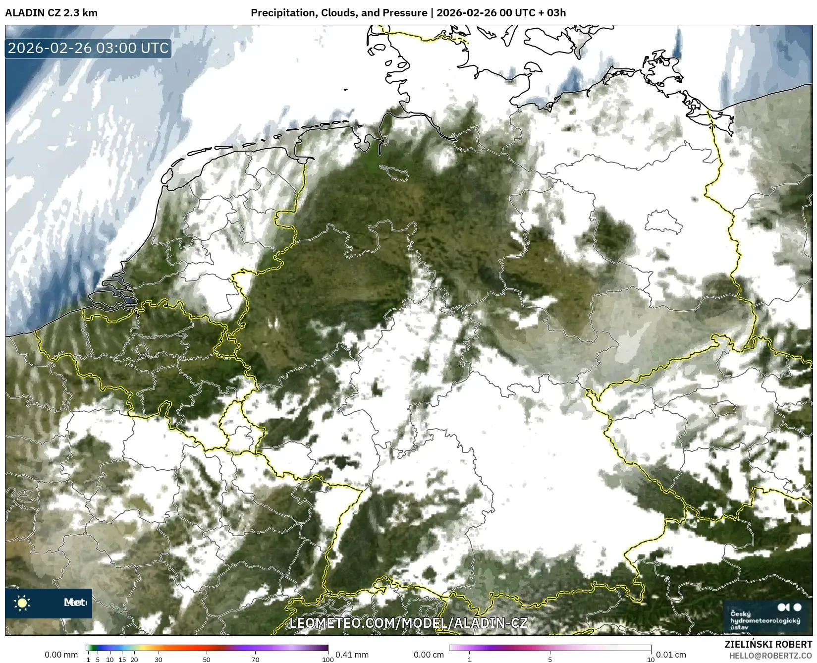 ALADIN CZ 2.3 km model - Germany, Precipitation, Clouds, and Pressure