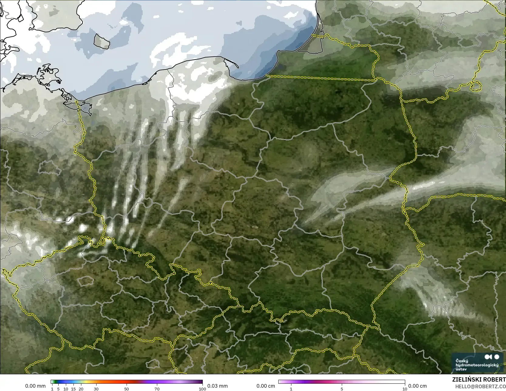 ALADIN CZ 2.3 km model - Poland, Precipitation, Clouds, and Pressure