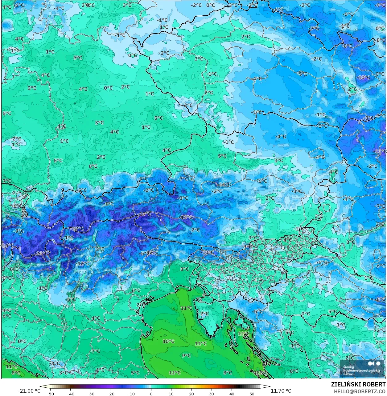 ALADIN CZ 2.3 km model - Austria, Dewpoint at 2m