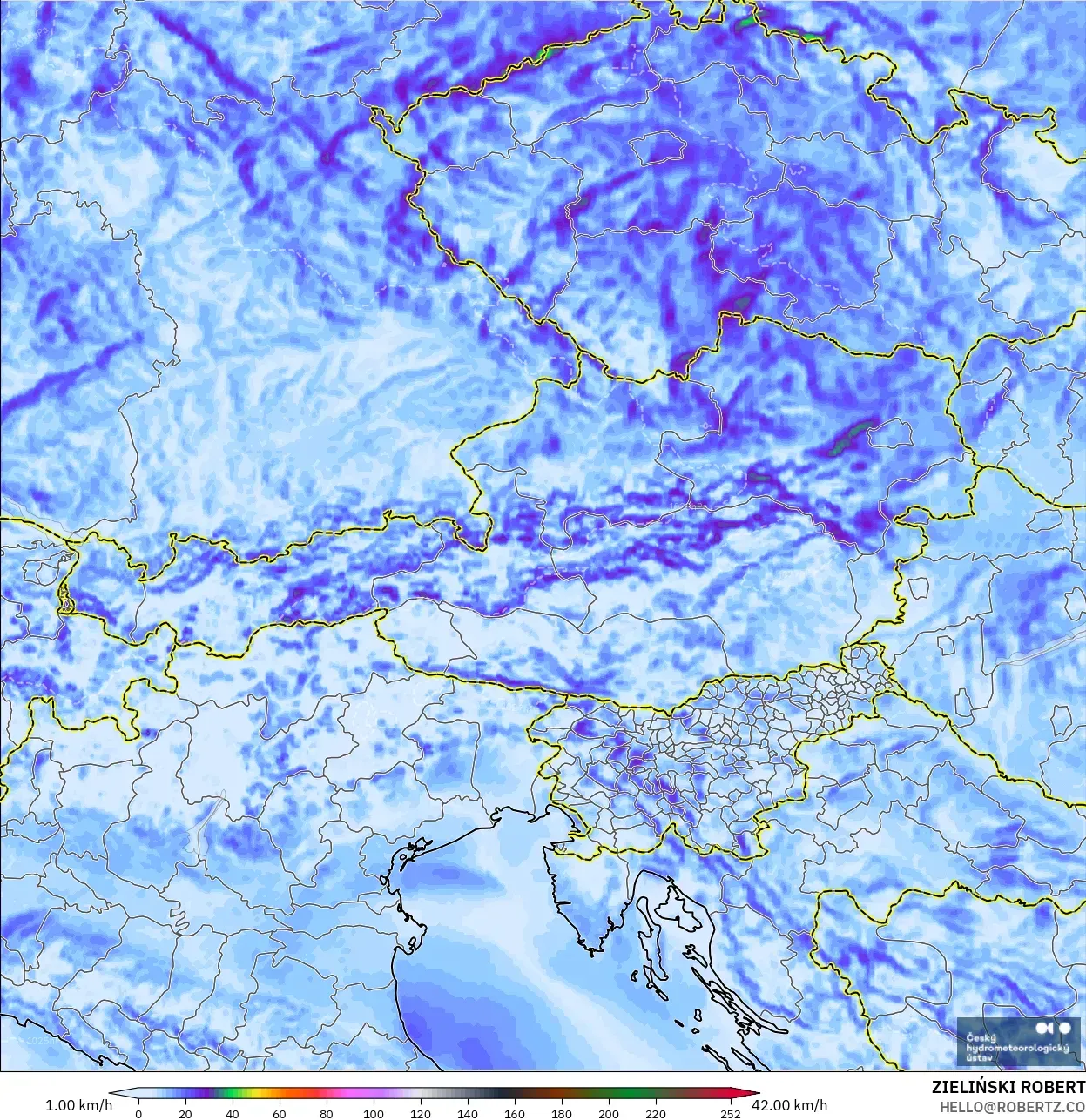 ALADIN CZ 2.3 km model - Austria, Wind Gusts Peak