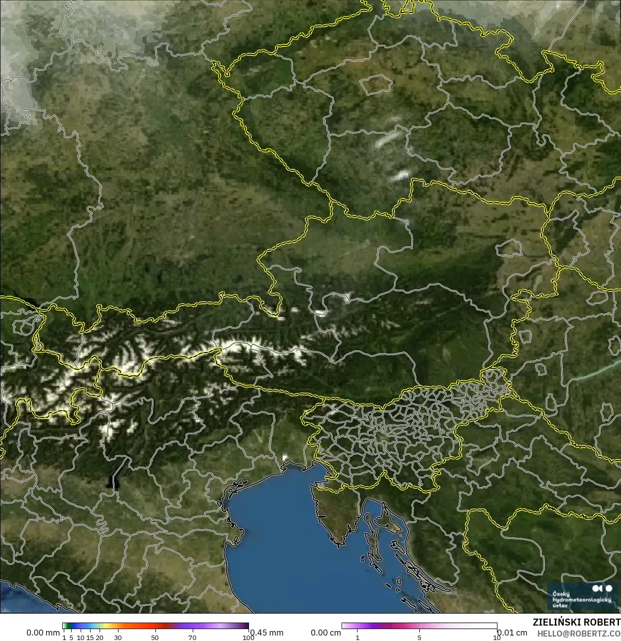 ALADIN CZ 2.3 km model - Austria, Precipitation, Clouds, and Pressure