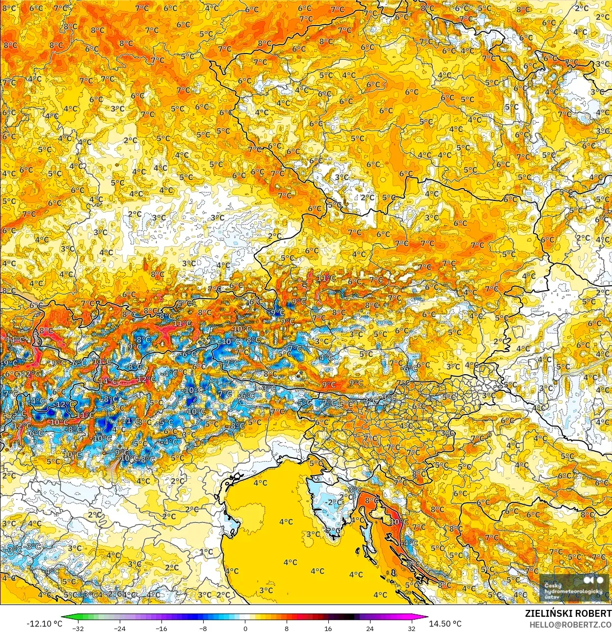 ALADIN CZ 2.3 km model - Austria, Temperature at 2m Anomaly