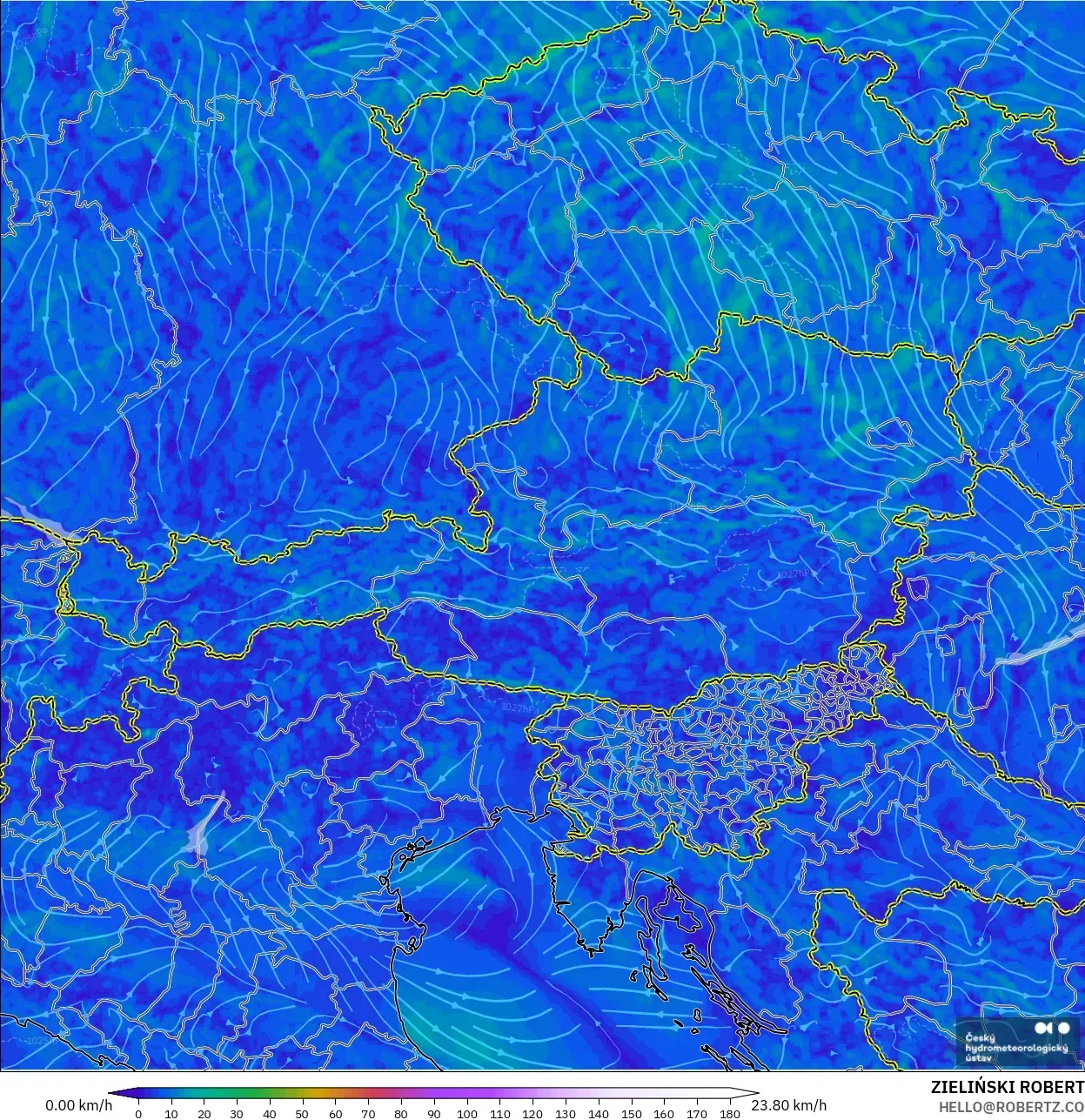 ALADIN CZ 2.3 km model - Austria, Wind at 10m