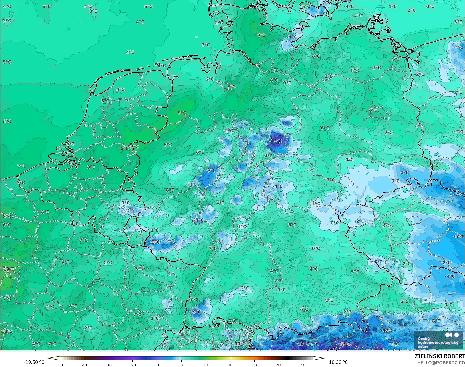 ALADIN CZ 2.3 km model - Germany, Dewpoint at 2m
