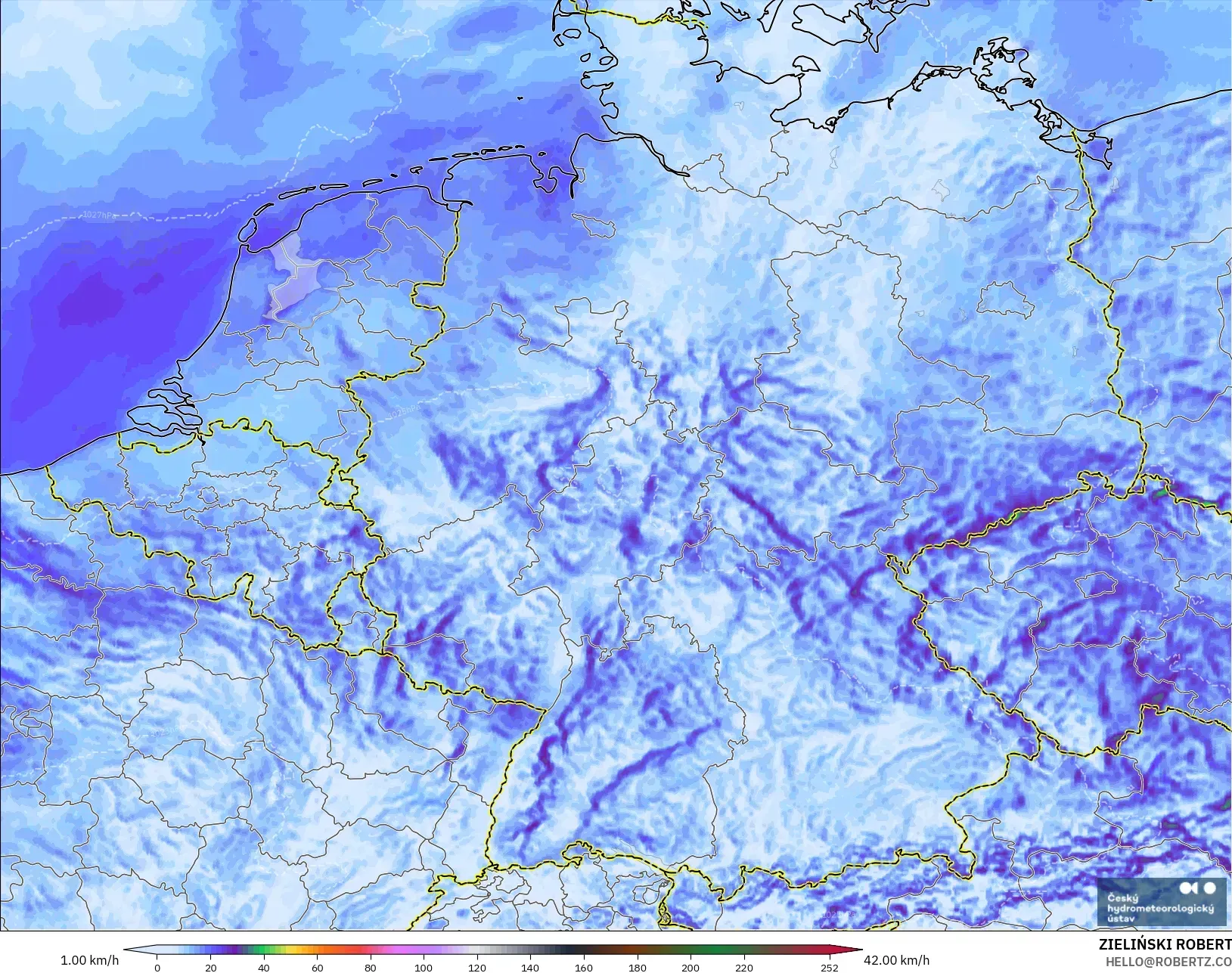 ALADIN CZ 2.3 km model - Germany, Wind Gusts Peak
