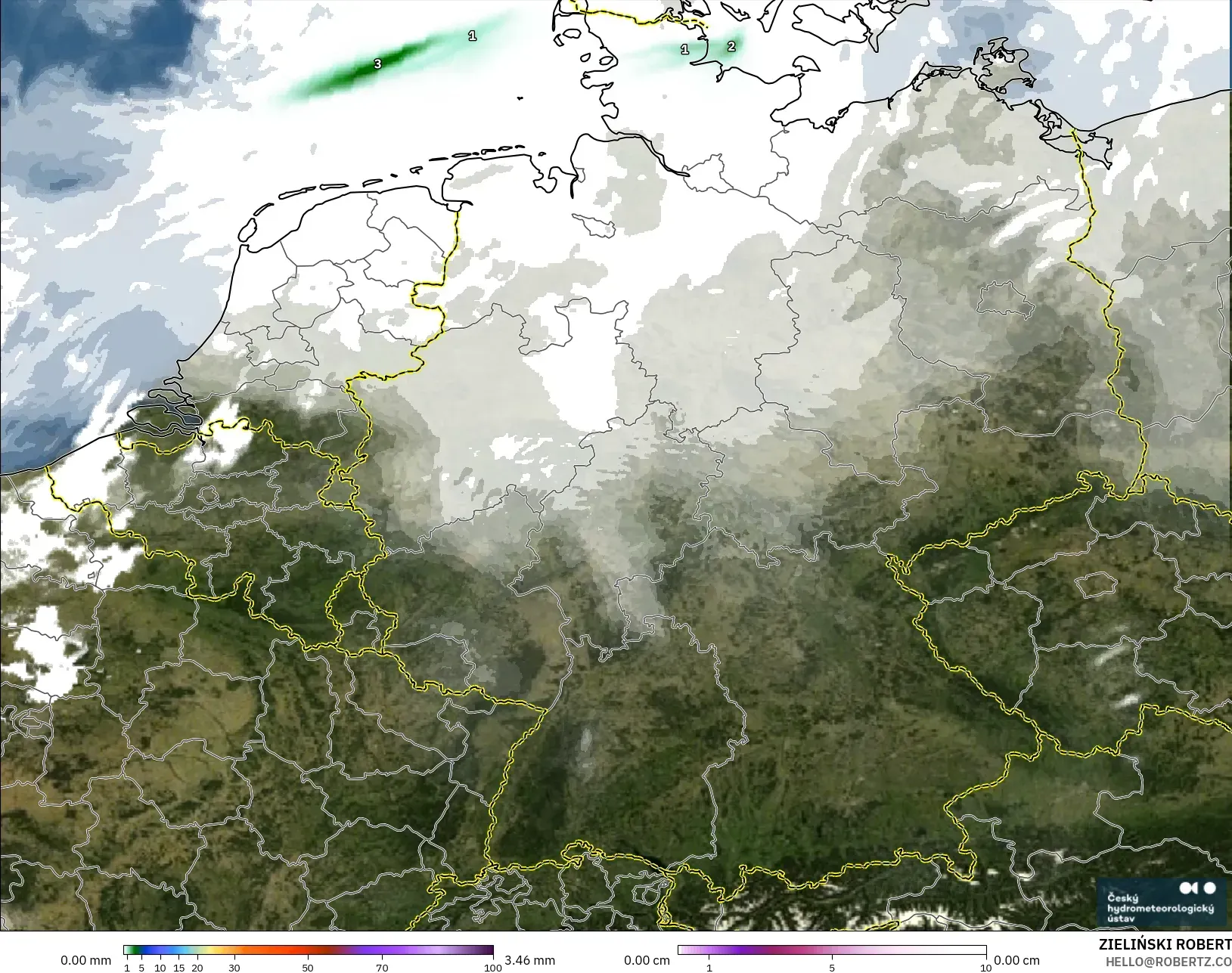 ALADIN CZ 2.3 km model - Germany, Precipitation, Clouds, and Pressure