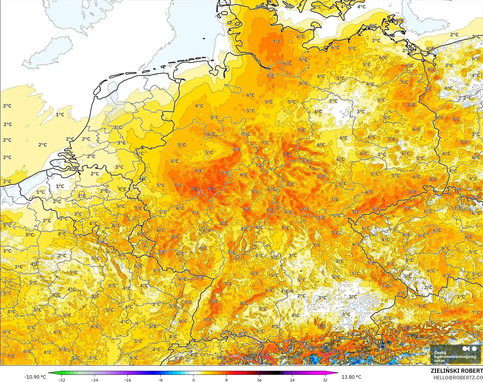 ALADIN CZ 2.3 km model - Germany, Temperature at 2m Anomaly