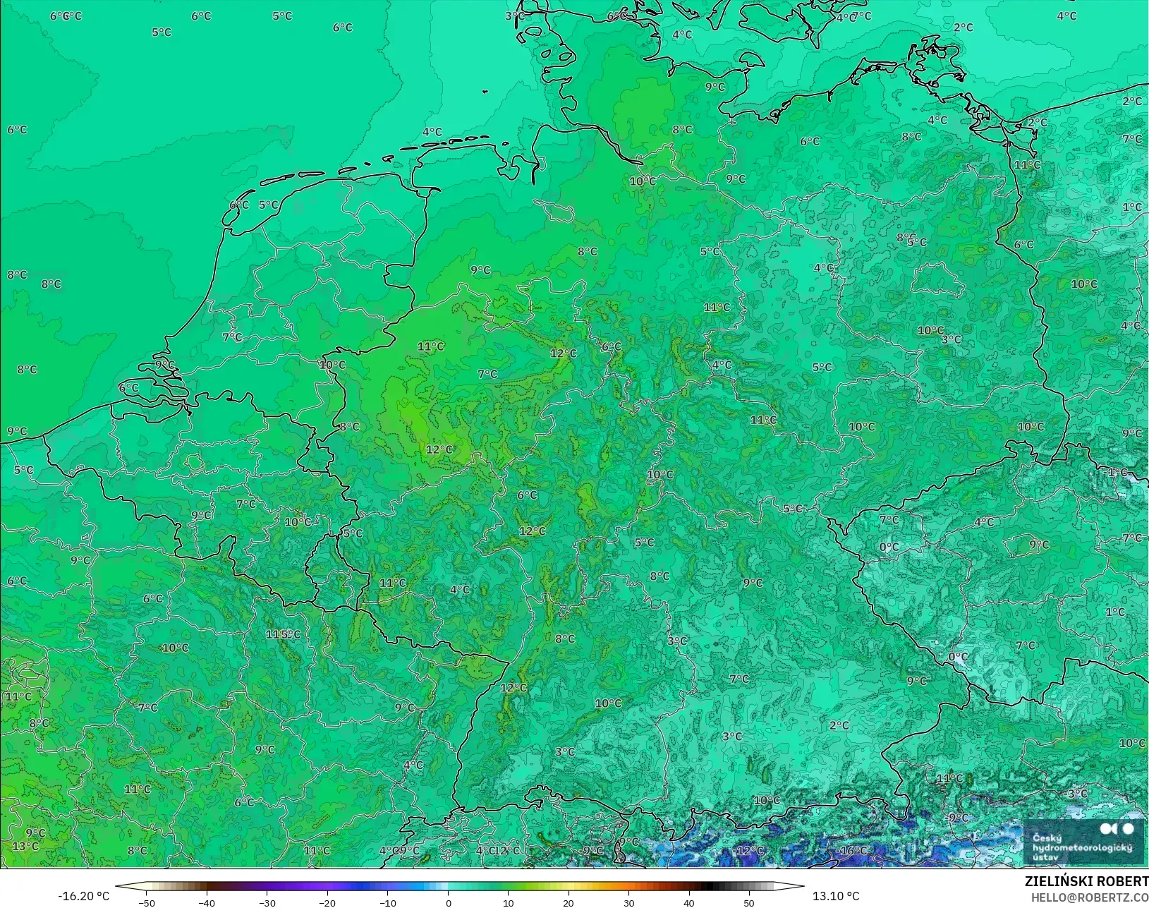 ALADIN CZ 2.3 km model - Germany, Temperature at 2m