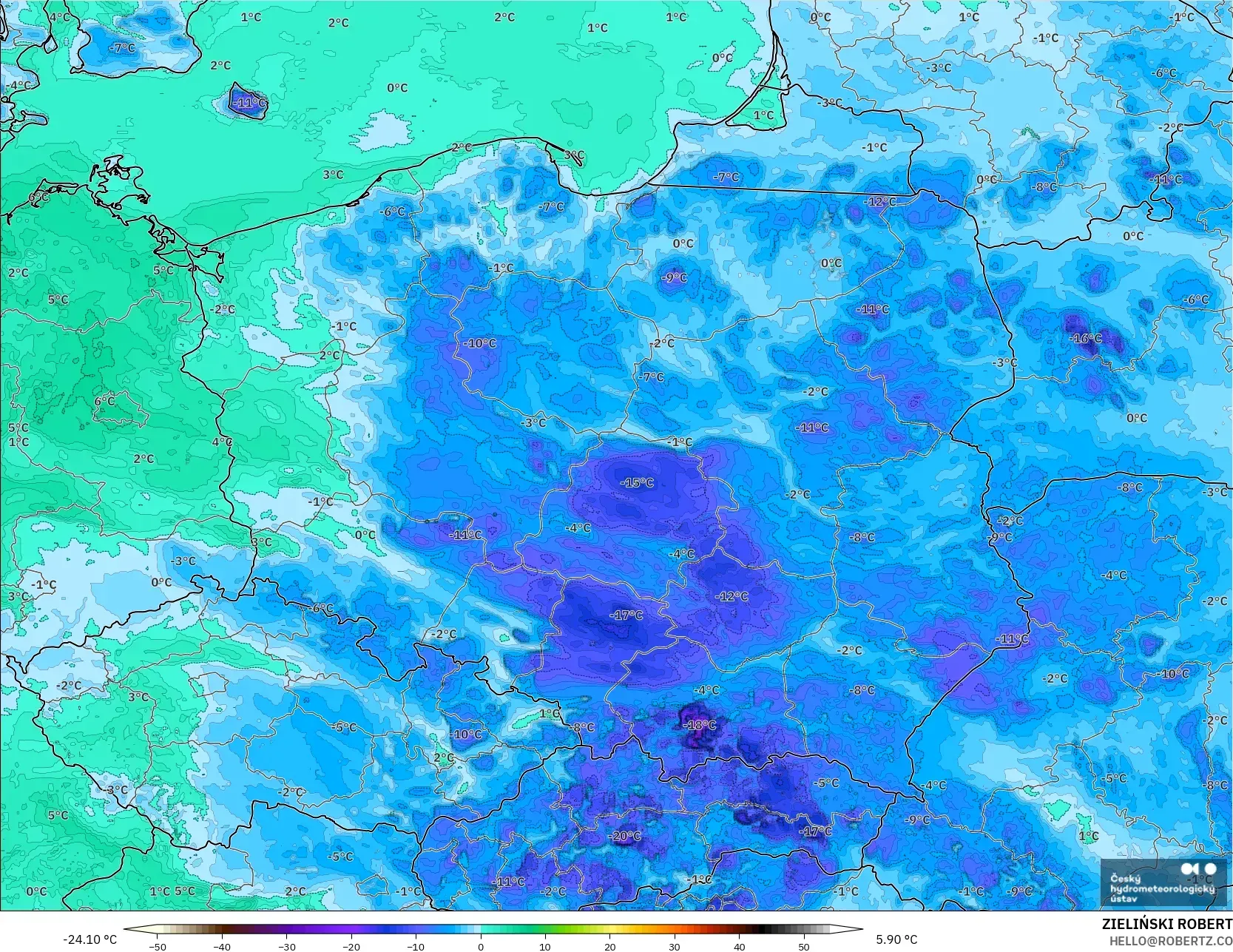 ALADIN CZ 2.3 km model - Poland, Dewpoint at 2m