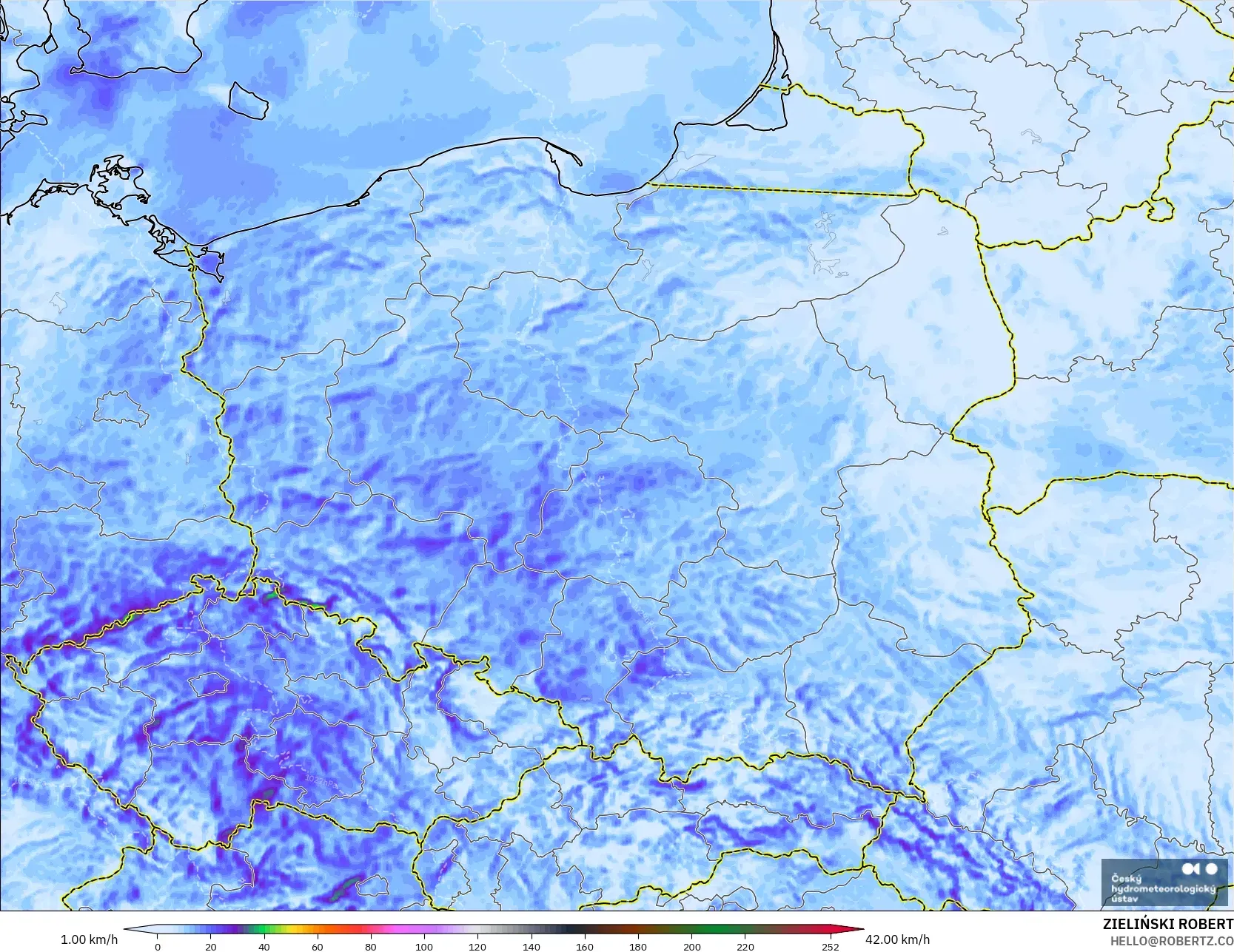 ALADIN CZ 2.3 km model - Poland, Wind Gusts Peak