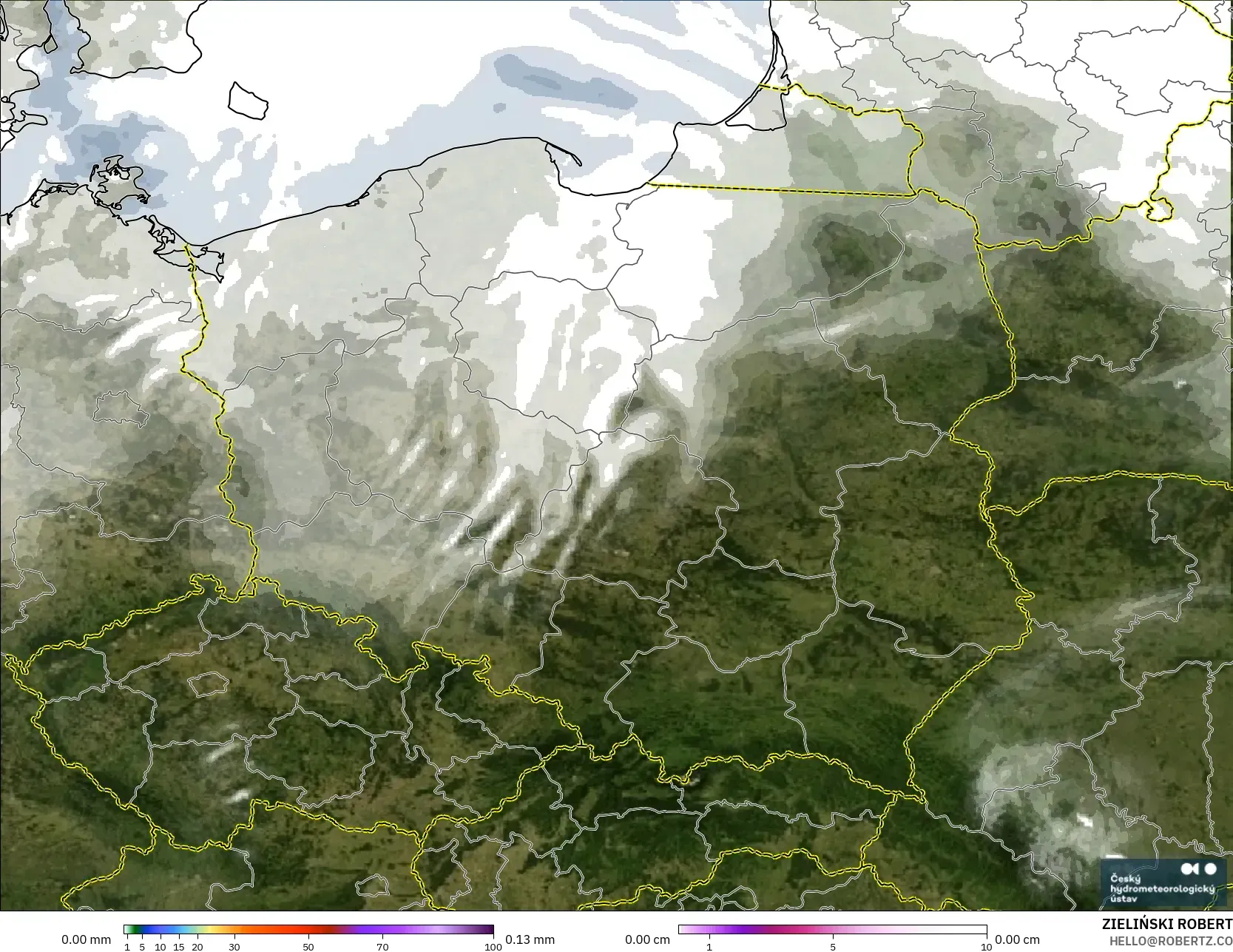 ALADIN CZ 2.3 km model - Poland, Precipitation, Clouds, and Pressure