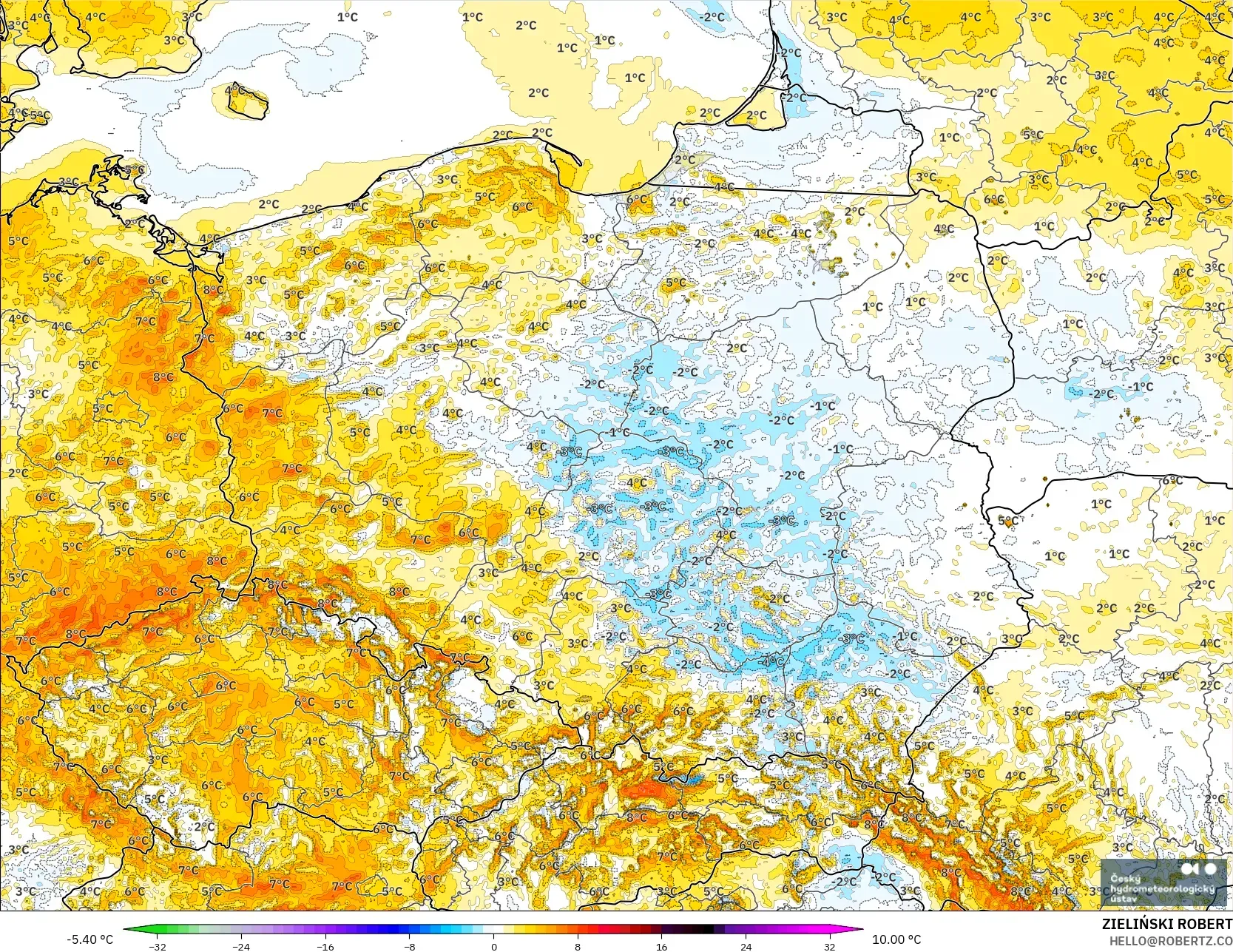 ALADIN CZ 2.3 km model - Poland, Temperature at 2m Anomaly