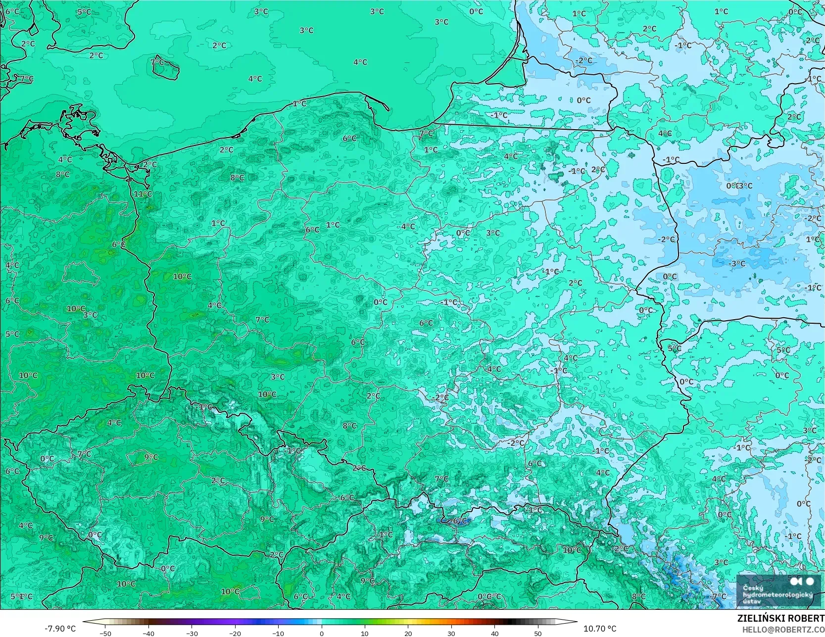 ALADIN CZ 2.3 km model - Poland, Temperature at 2m