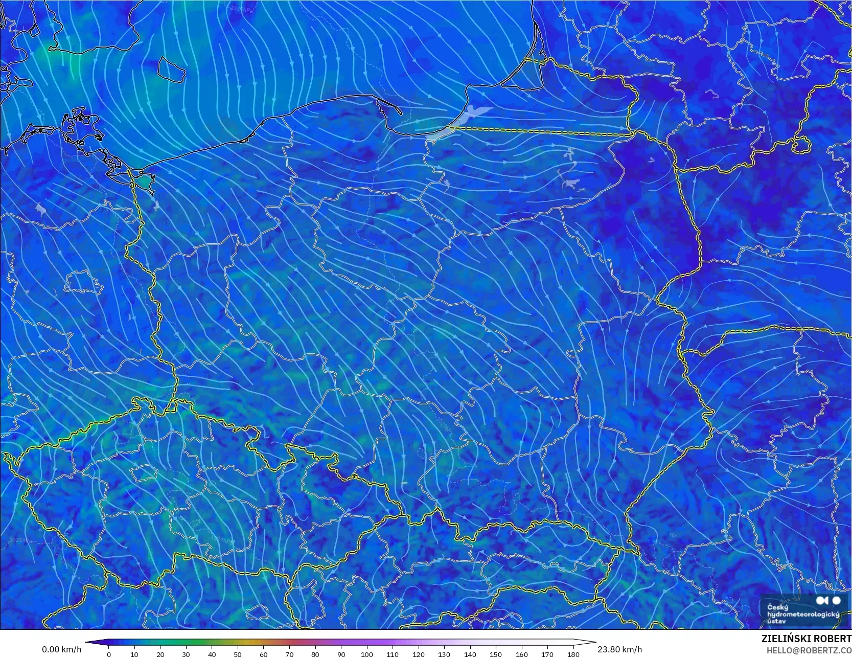 ALADIN CZ 2.3 km model - Poland, Wind at 10m