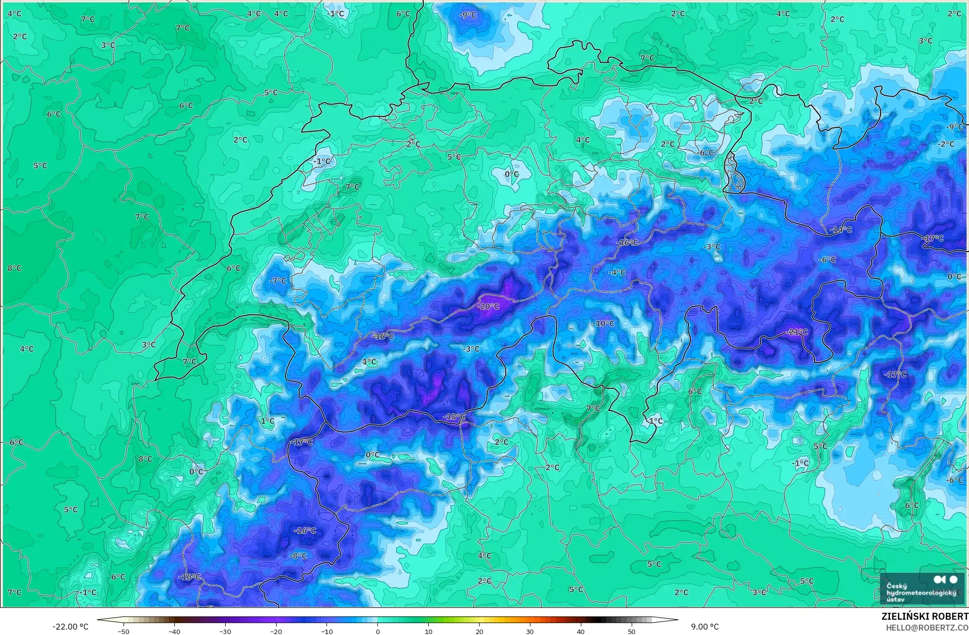 ALADIN CZ 2.3 km model - Switzerland, Dewpoint at 2m