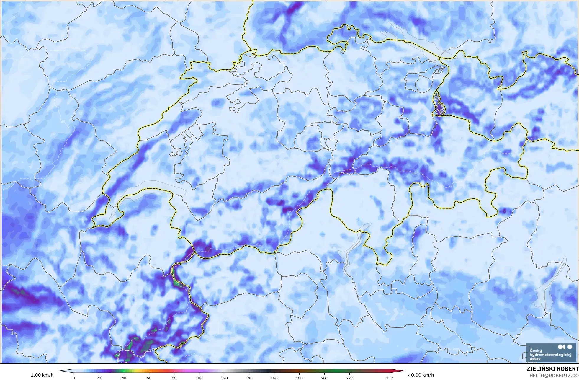 ALADIN CZ 2.3 km model - Switzerland, Wind Gusts Peak