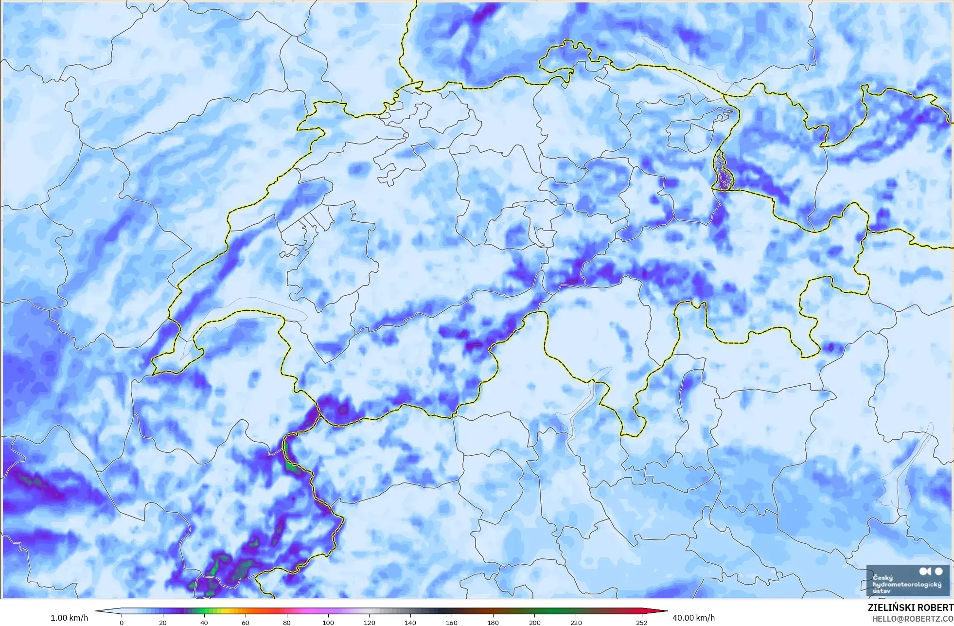 ALADIN CZ 2.3 km model - Switzerland, Wind Gusts