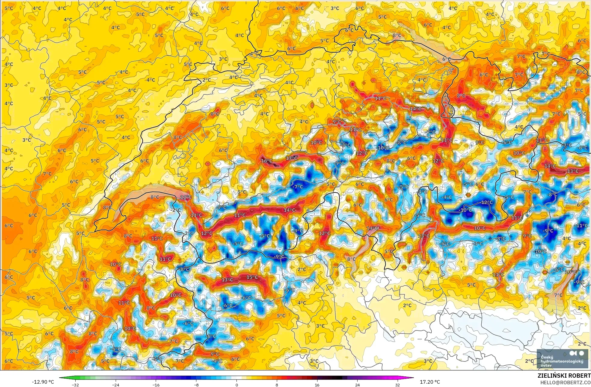 ALADIN CZ 2.3 km model - Switzerland, Temperature at 2m Anomaly