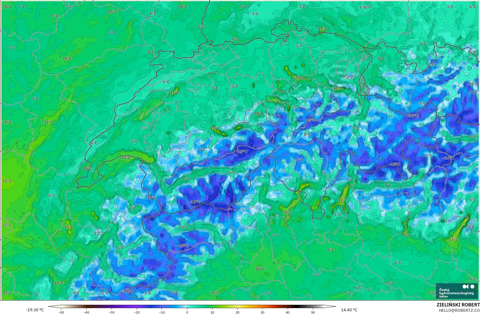 ALADIN CZ 2.3 km model - Switzerland, Temperature at 2m