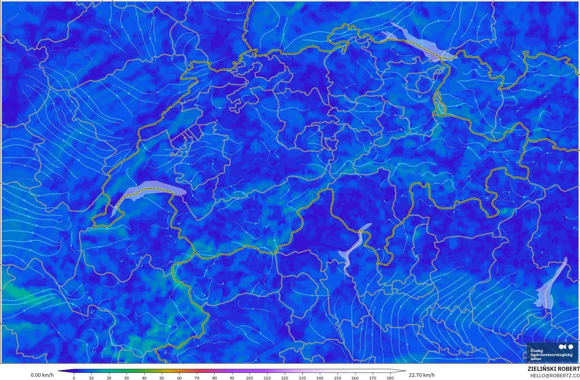 ALADIN CZ 2.3 km model - Switzerland, Wind at 10m