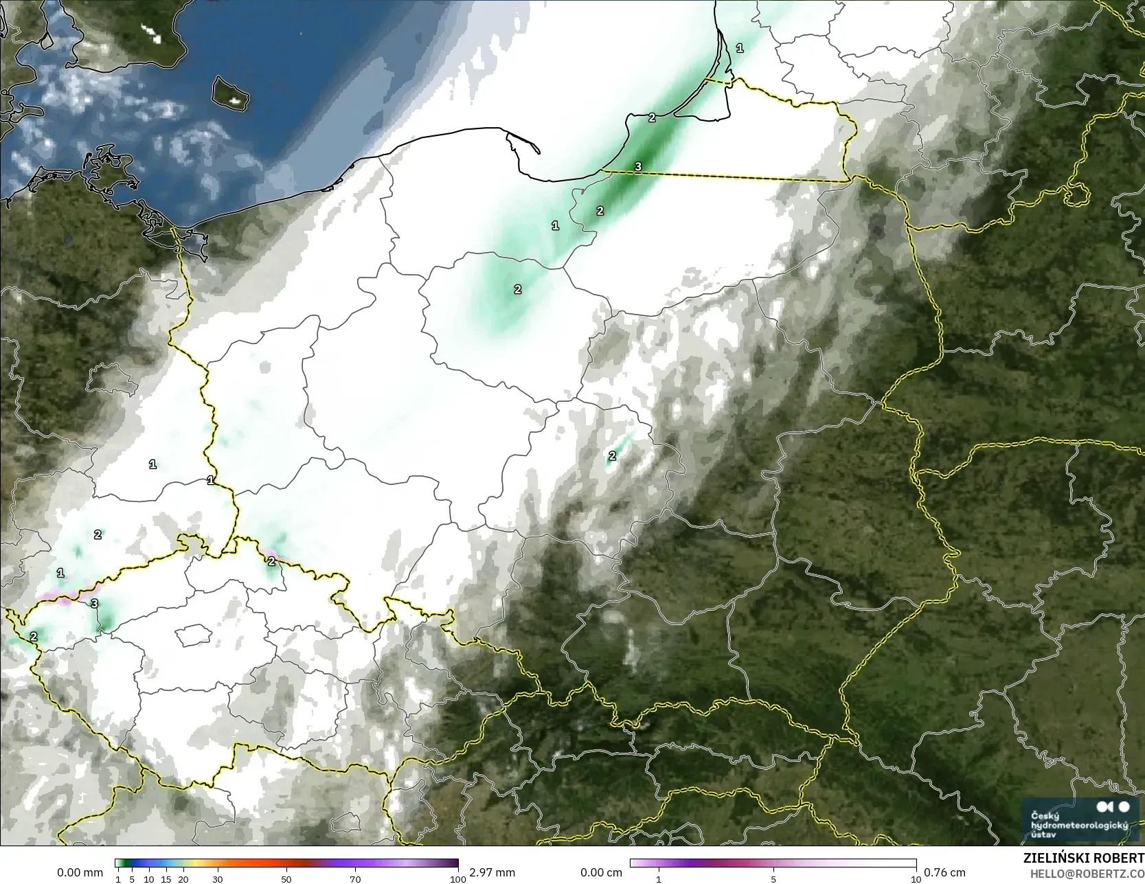 ALADIN CZ 2.3 km model - Poland, Precipitation, Clouds, and Pressure