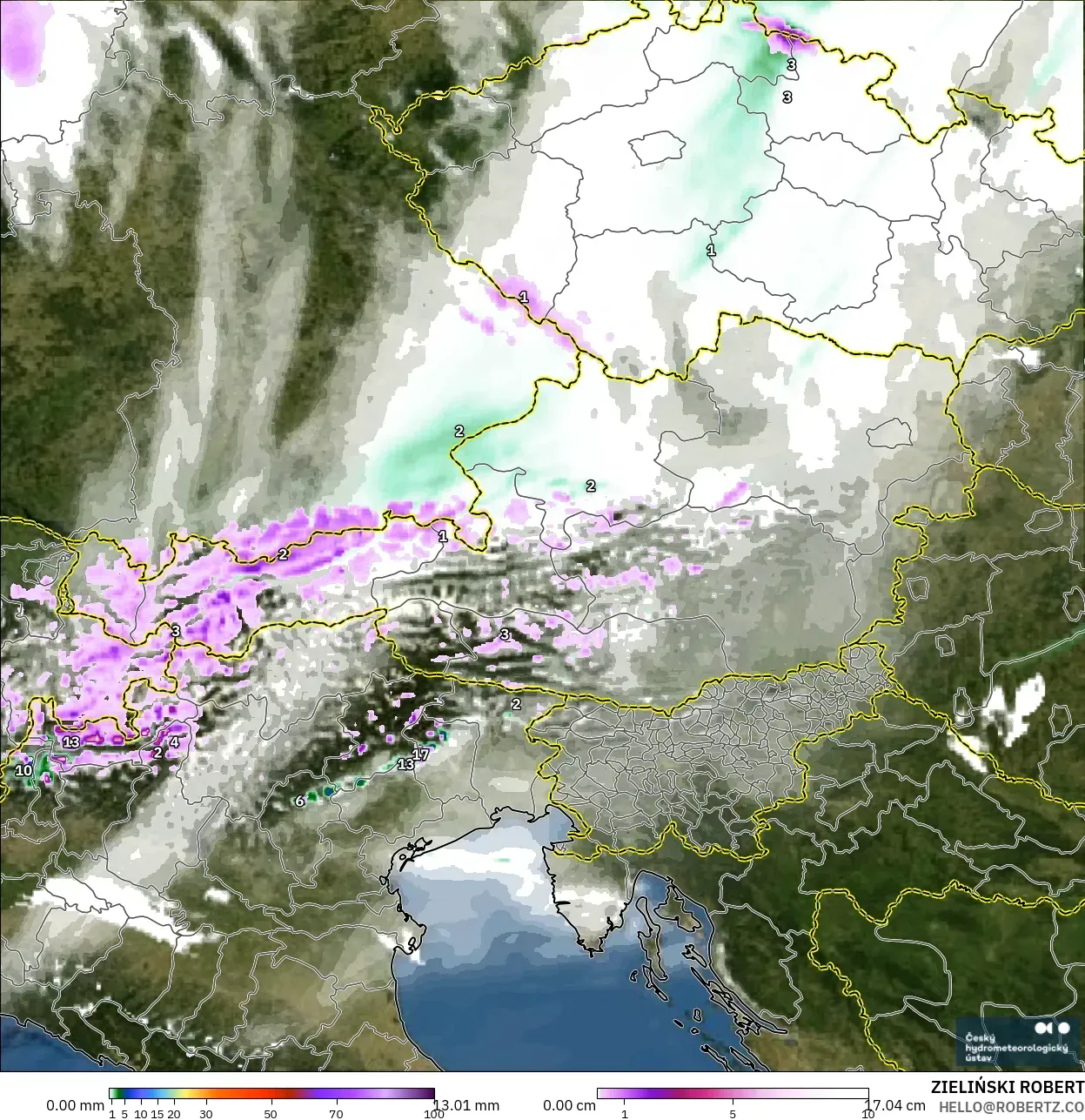 ALADIN CZ 2.3 km model - Austria, Precipitation, Clouds, and Pressure