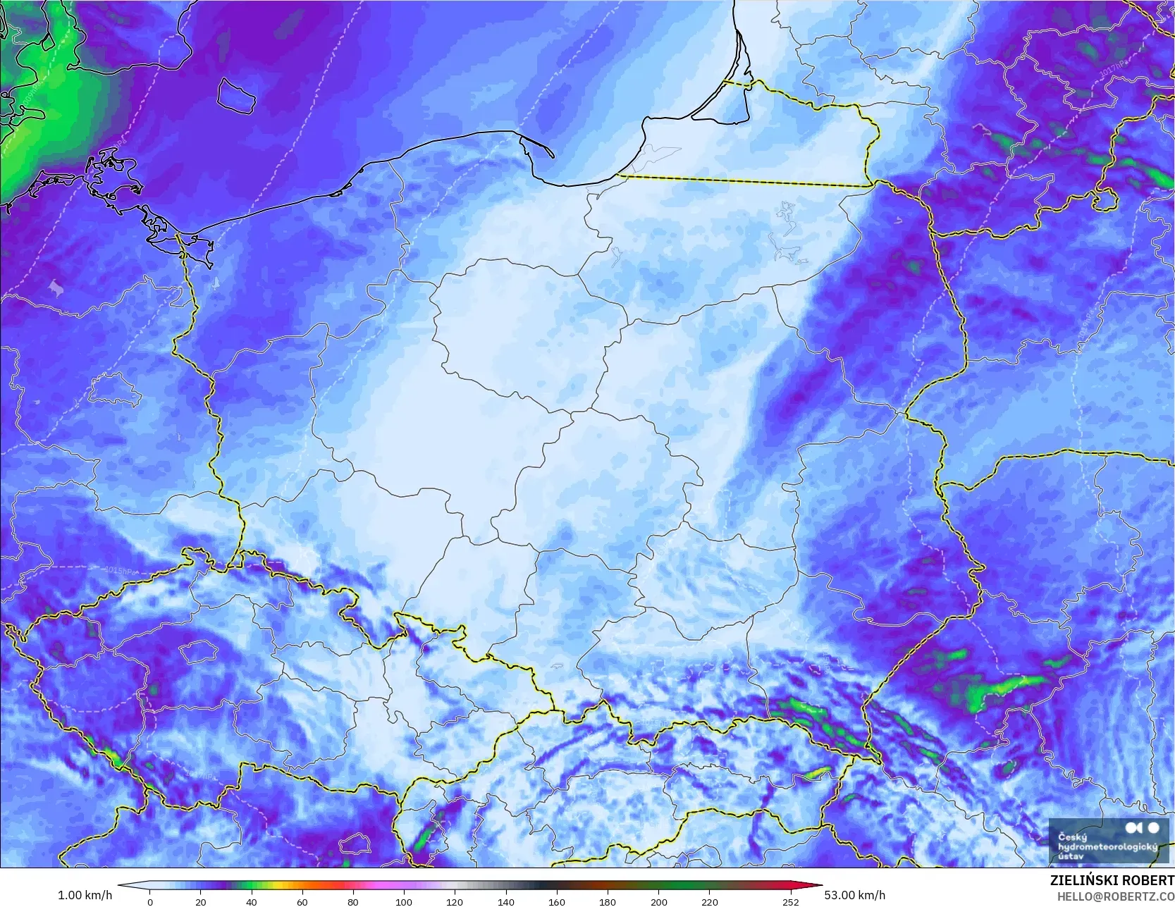 ALADIN CZ 2.3 km model - Poland, Wind Gusts Peak