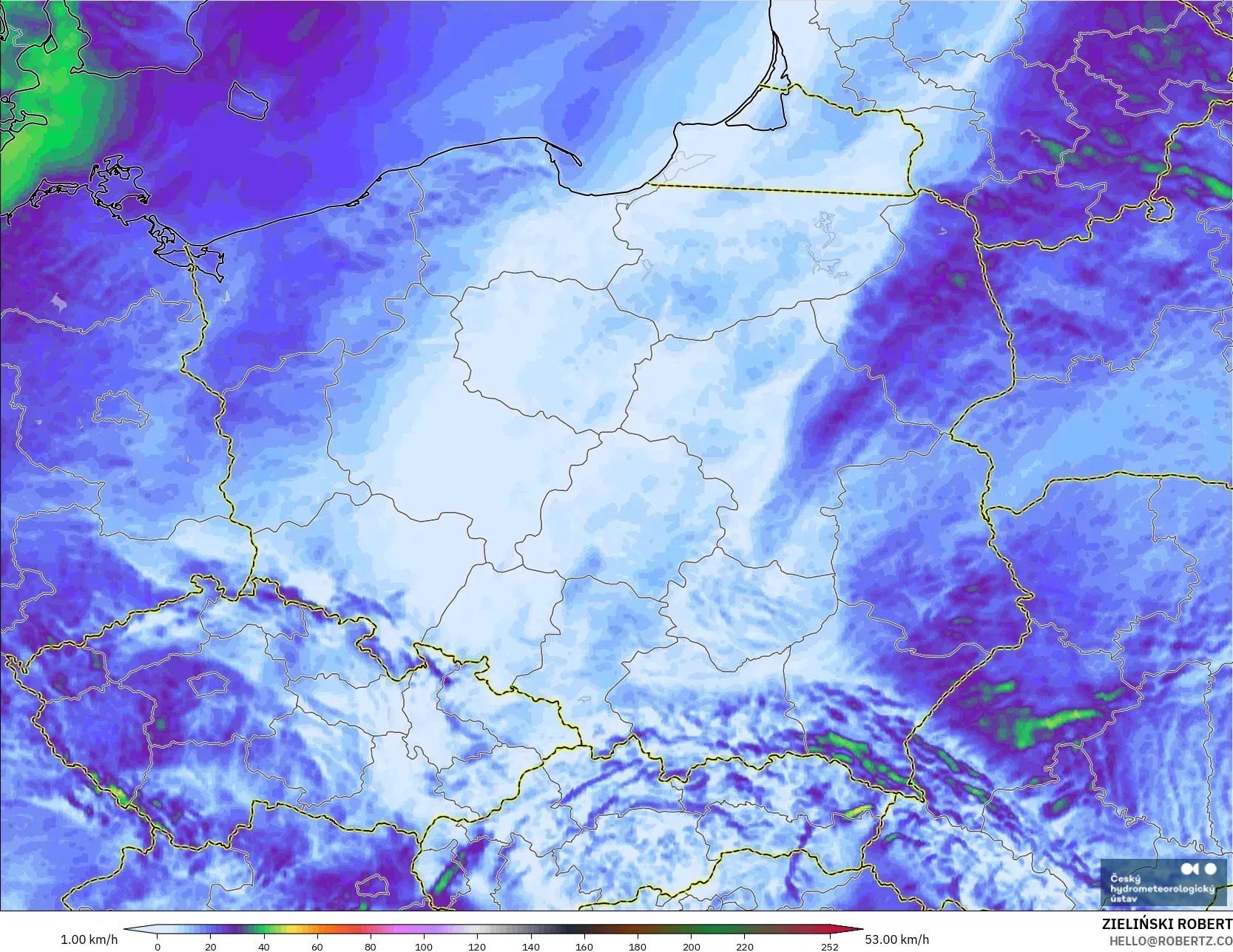 ALADIN CZ 2.3 km model - Poland, Wind Gusts